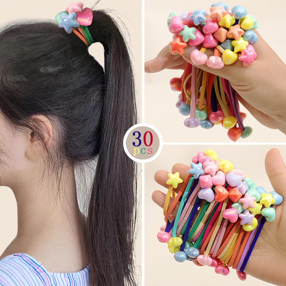 

30pcs And Heart Bead Hair Ties - High , Abs Resin, Assorted Colors For And Vacation Use, Styling| Accessories|abs Resin Beads, Cute Hair Accessories