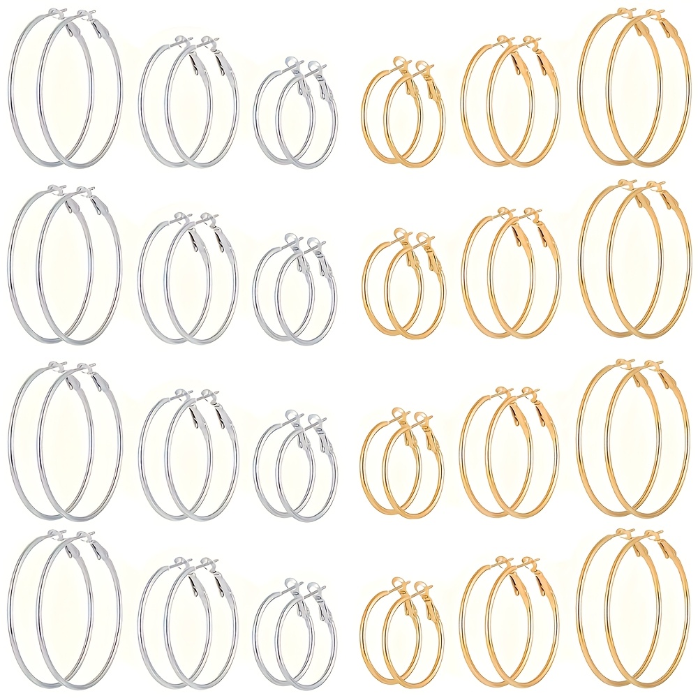 TEMU 24 Pairs Stainless Steel Golden Silvery Plated Hoop Earrings For Women Girls, Hypoallergenic Hoops Women's Earrings Loop Earrings Set