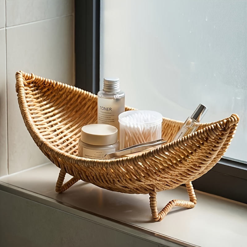 Nordic Style Crescent Shaped Woven Storage Basket, Basket with Feet, Bathroom Sink Storage, Bedroom Living Room Desktop Clutter Sorting, Natural Retro Home Decoration Storage Basket, Shelf Baskets