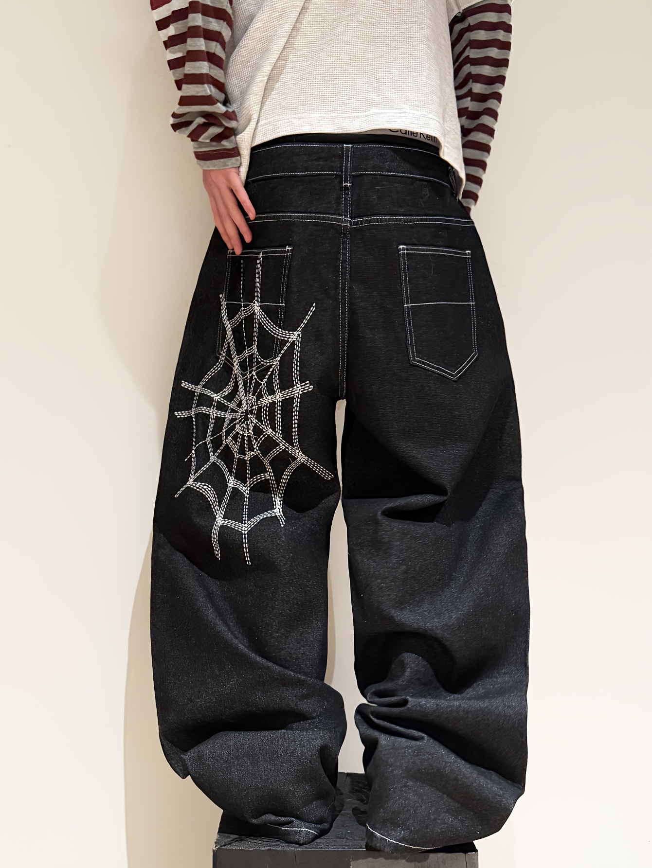 1pc y2k gothic web embroidered jeans men black wide - Temu