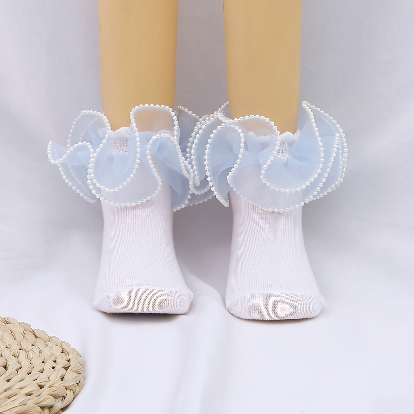 Image of 1 Pair Of Girls' Solid Color Pearl Dance Ruffle Short Socks