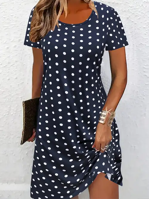 women's casual v-neck short sleeve a-line midi dress - blue with white polka dots, loose fit knee-length, machine washable for spring/fall, spring outfit, flared hem, , relaxed style | Shop Trends | women's casual v-neck short sleeve a-line midi dress - blue with white polka dots, loose fit knee-length, machine washable for spring/fall, spring outfit, flared hem, , relaxed style | Shop Trends |