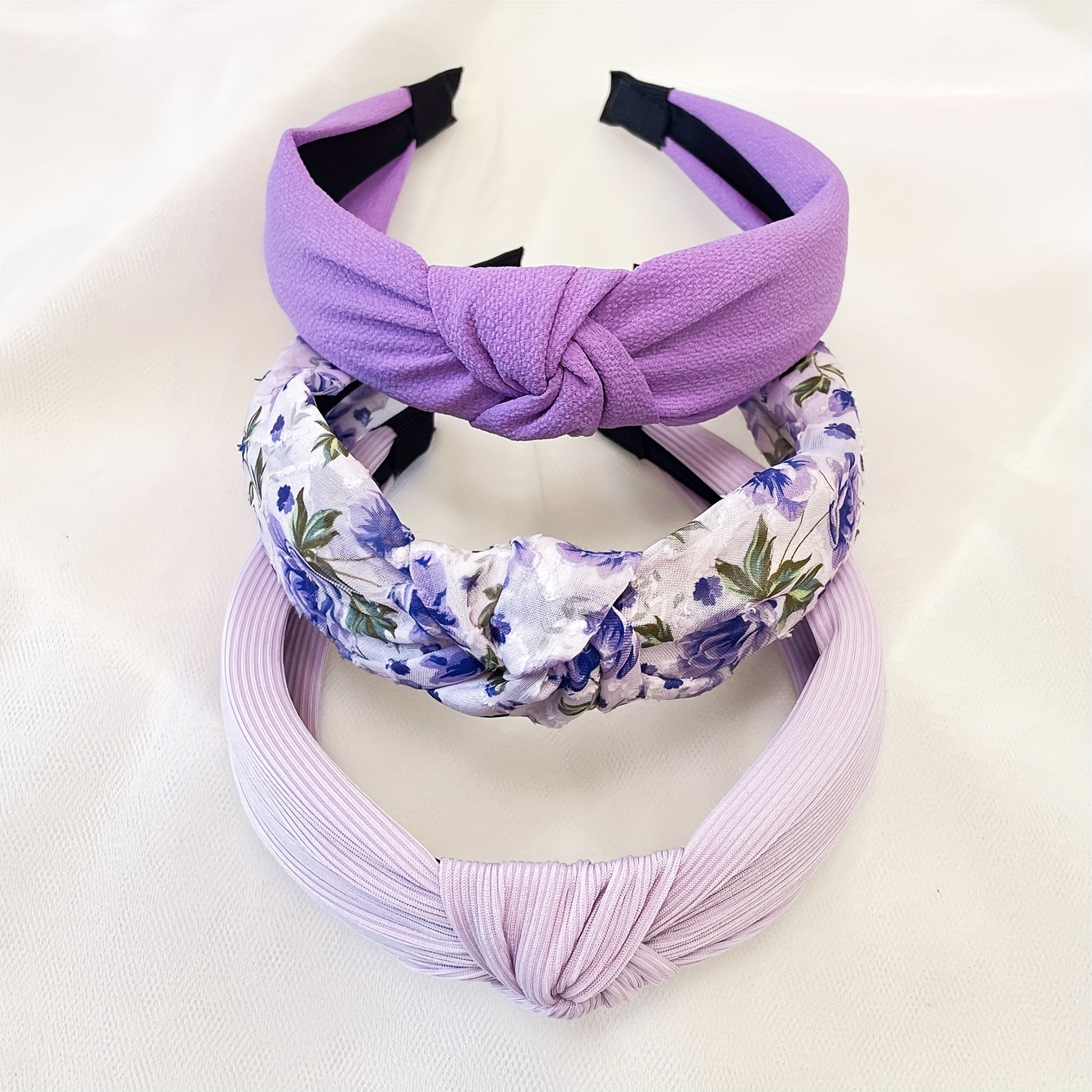 Image of 3pcs Set Of Women's Purple Floral Solid Color Fabric Wide Headband Elegant Hoop Hair Additions Suitable For Daily Use