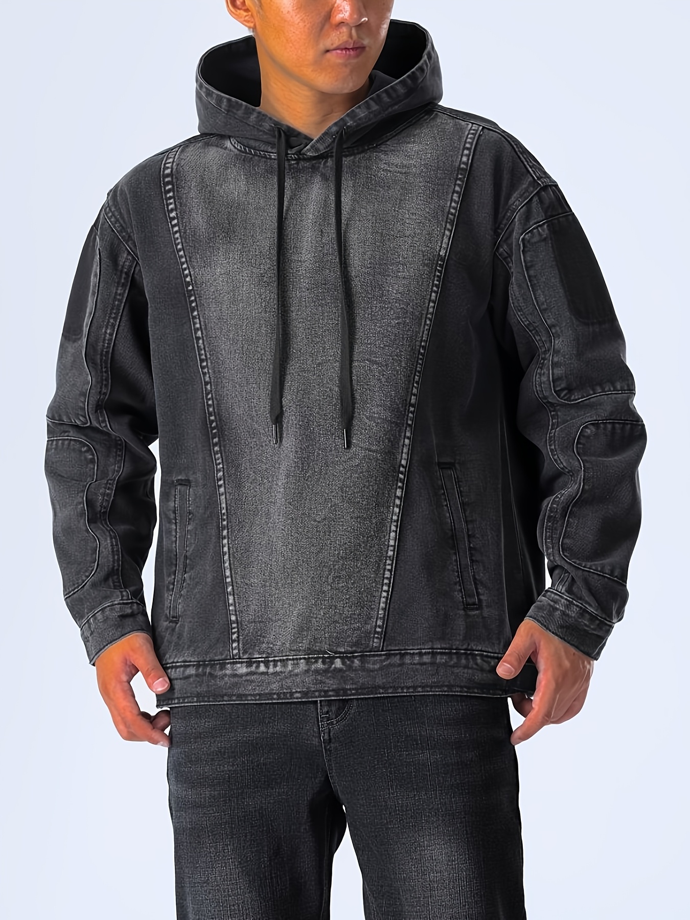 *'s Heavyweight Denim Hoodie Black Casual Loose Fit Jacket with Pockets,  Long Sleeve Zip-Up Winter Coat for