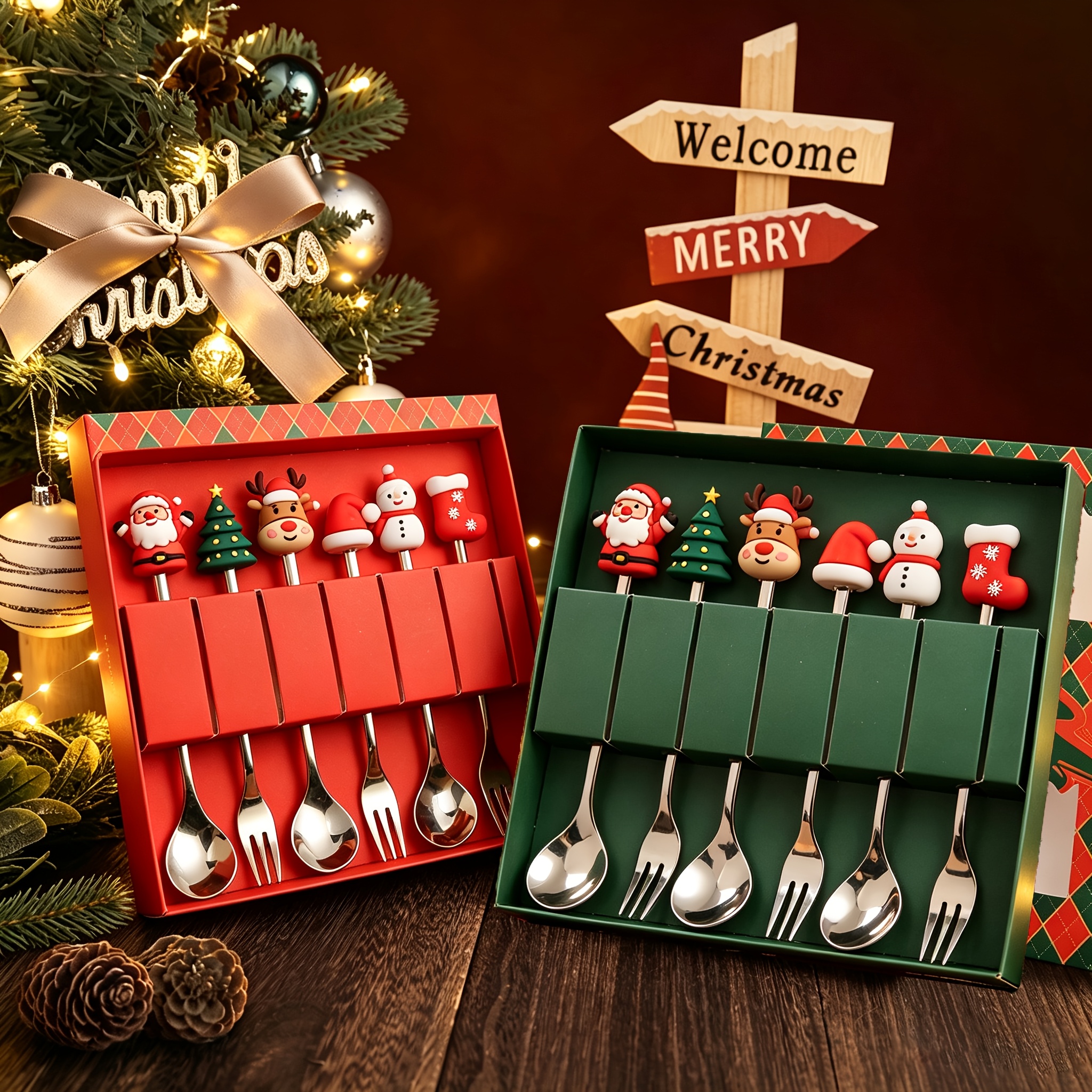 4 6pcs christmas stainless steel teaspoon dessert fork set   santa claus christmas tree elk snowman christmas hat design silver tableware small coffee stir spoon christmas gifts xmas party supplies ideal for   dinner decor