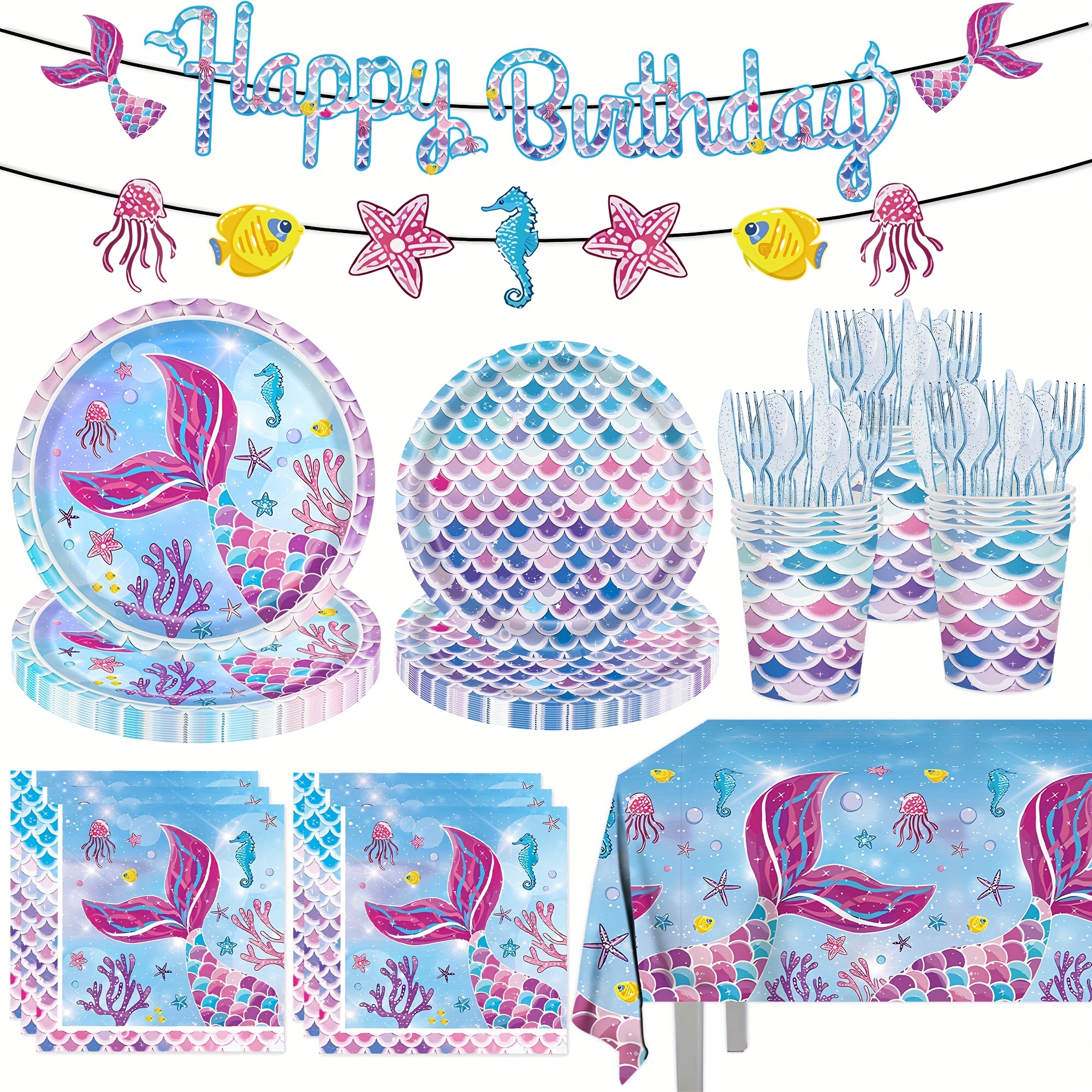 170pcs mermaid party theme   guests knives forks spoons napkins plates paper cups bunting tablecloth set suitable for summer ocean theme parties birthday   supplies