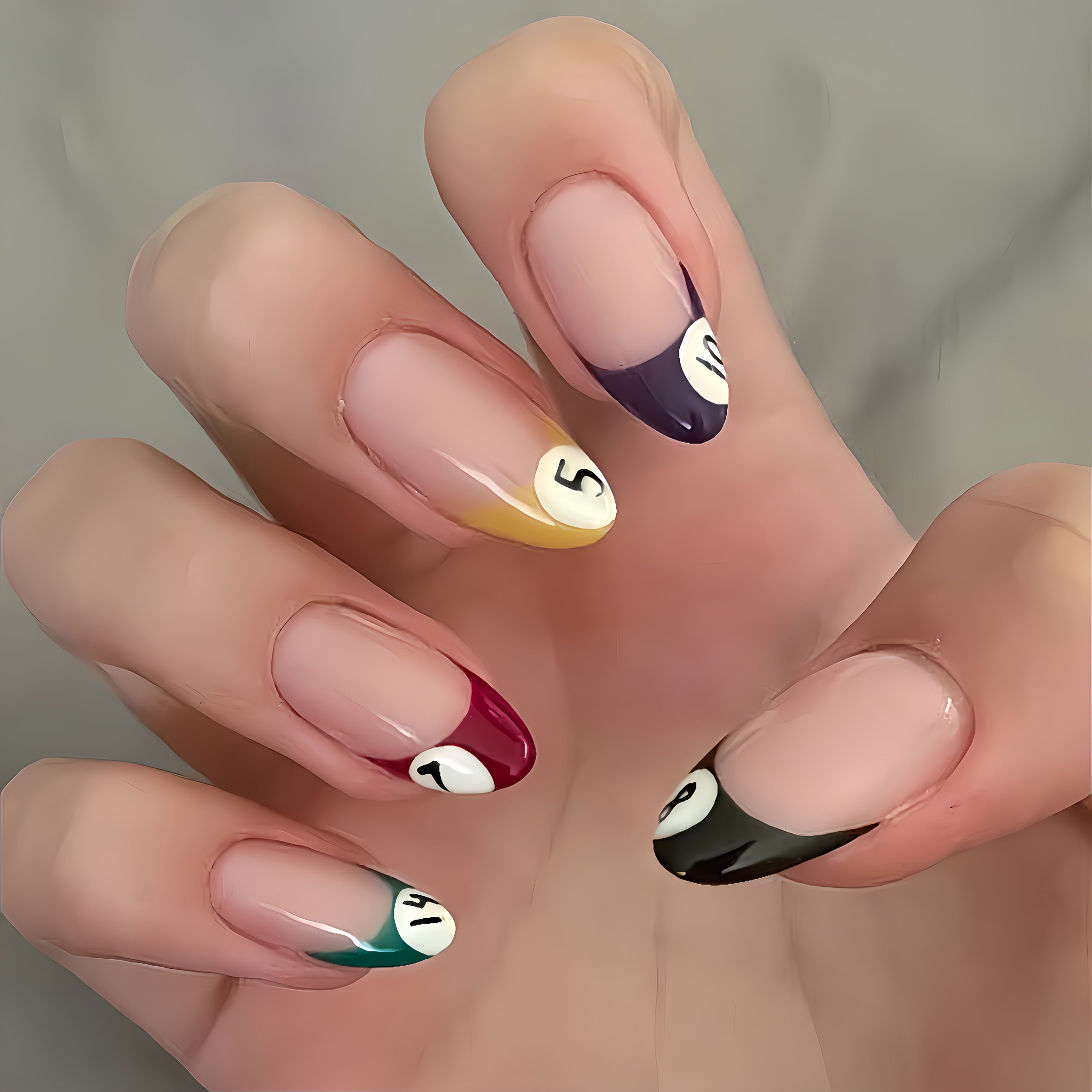 TEMU 24pcs Set In Nude, Yellow, Black, Red, Yellow, And Purple, Featuring A Billiard Ball And Numbered Billiard Ball Design. Glossy Medium-length