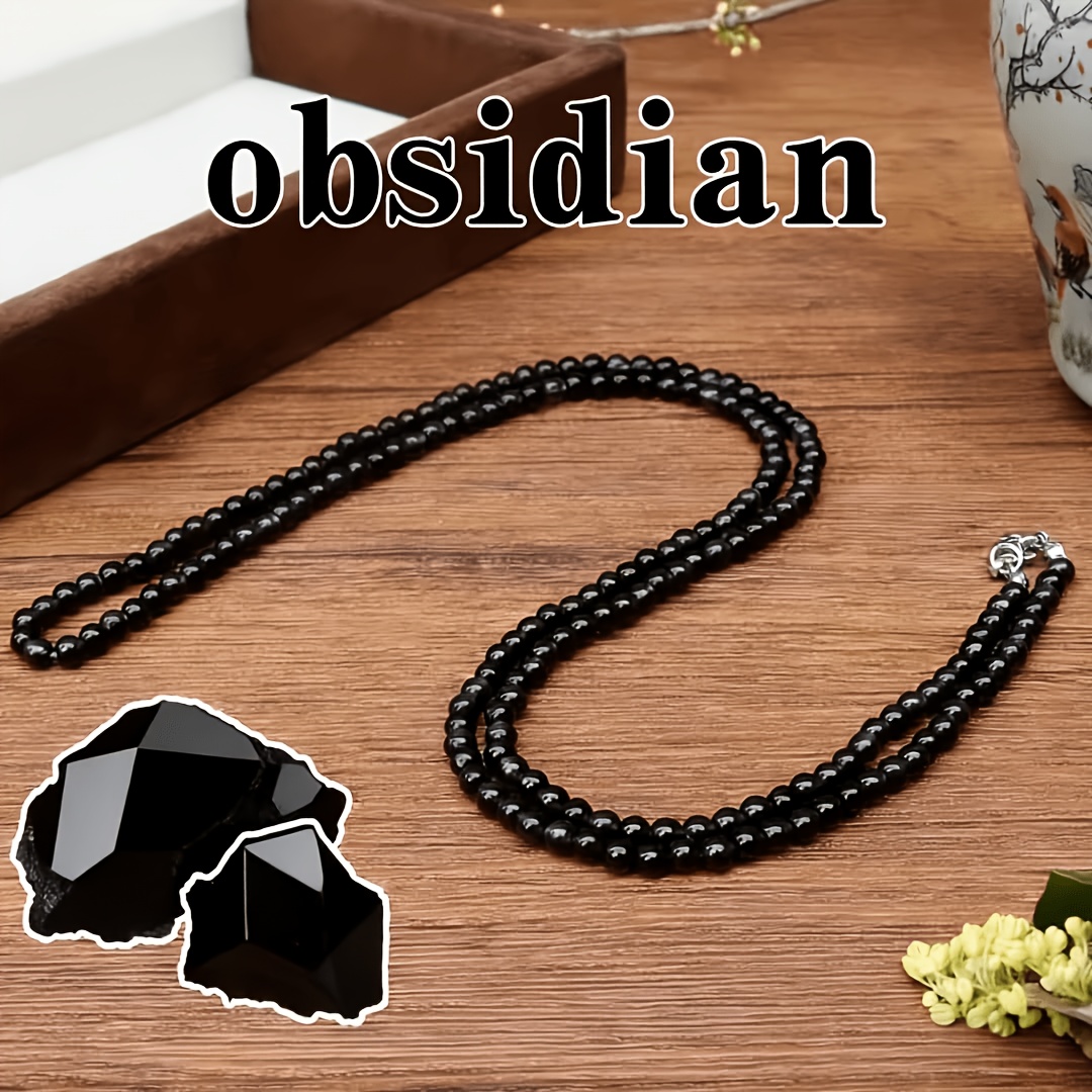 TEMU 1 pièce Collier long de perles d'agate noire naturelle, 33,46 pouces de long, avec fermoir argenté. Style long artisanal unisexe et adapté à