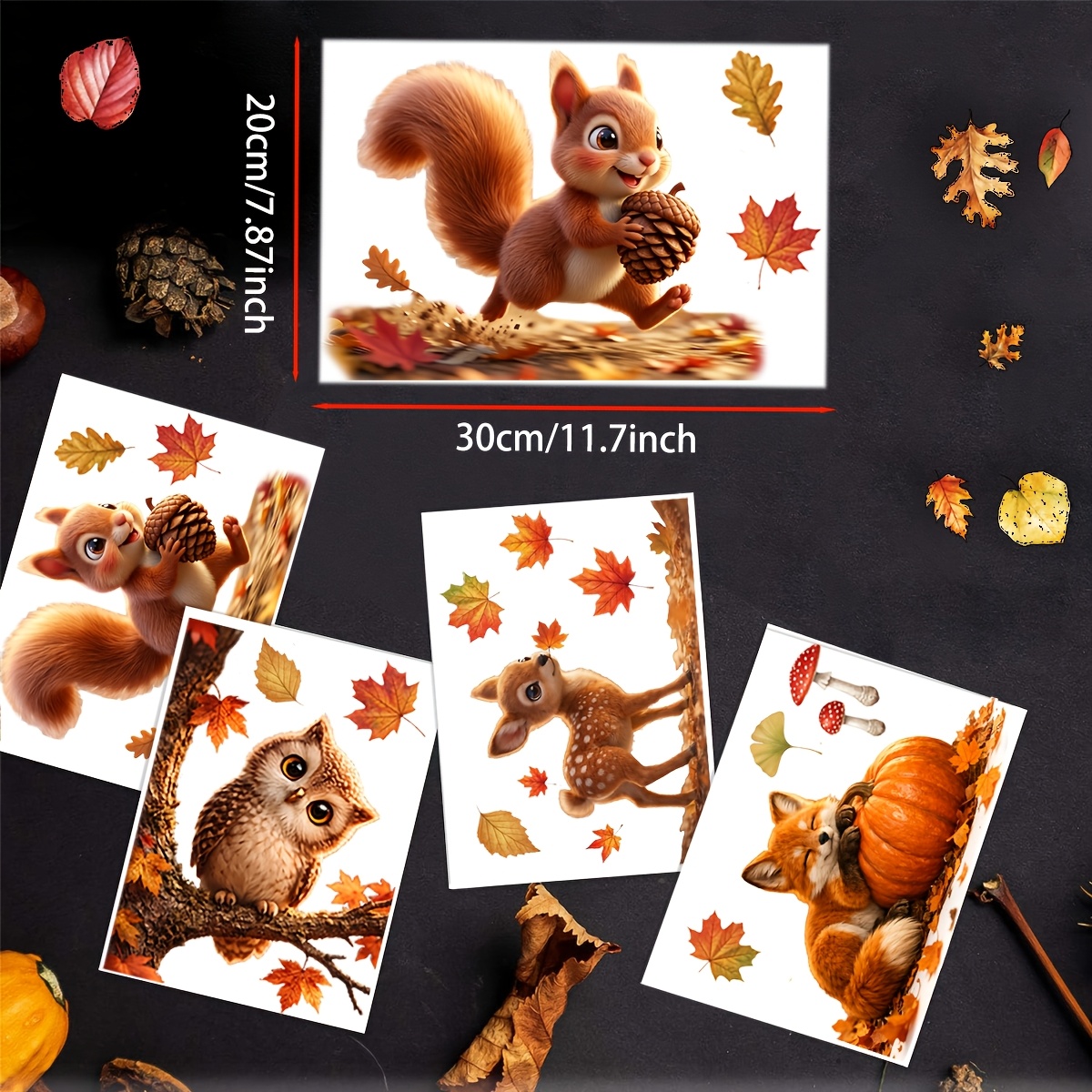 TEMU 4 Sheets Fall Window Clings, Thanksgiving Day Stickers, , Nuts, Squirrel, Fox, Owl, Deer, Refrigerator Decals Decor, Double-sided Window Sticker