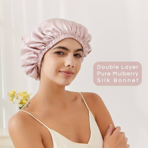 plus size dwuwarstwowa regulowana zapinka jedwabna czapeczka do spania, 100% jedwab 6a z morwy
