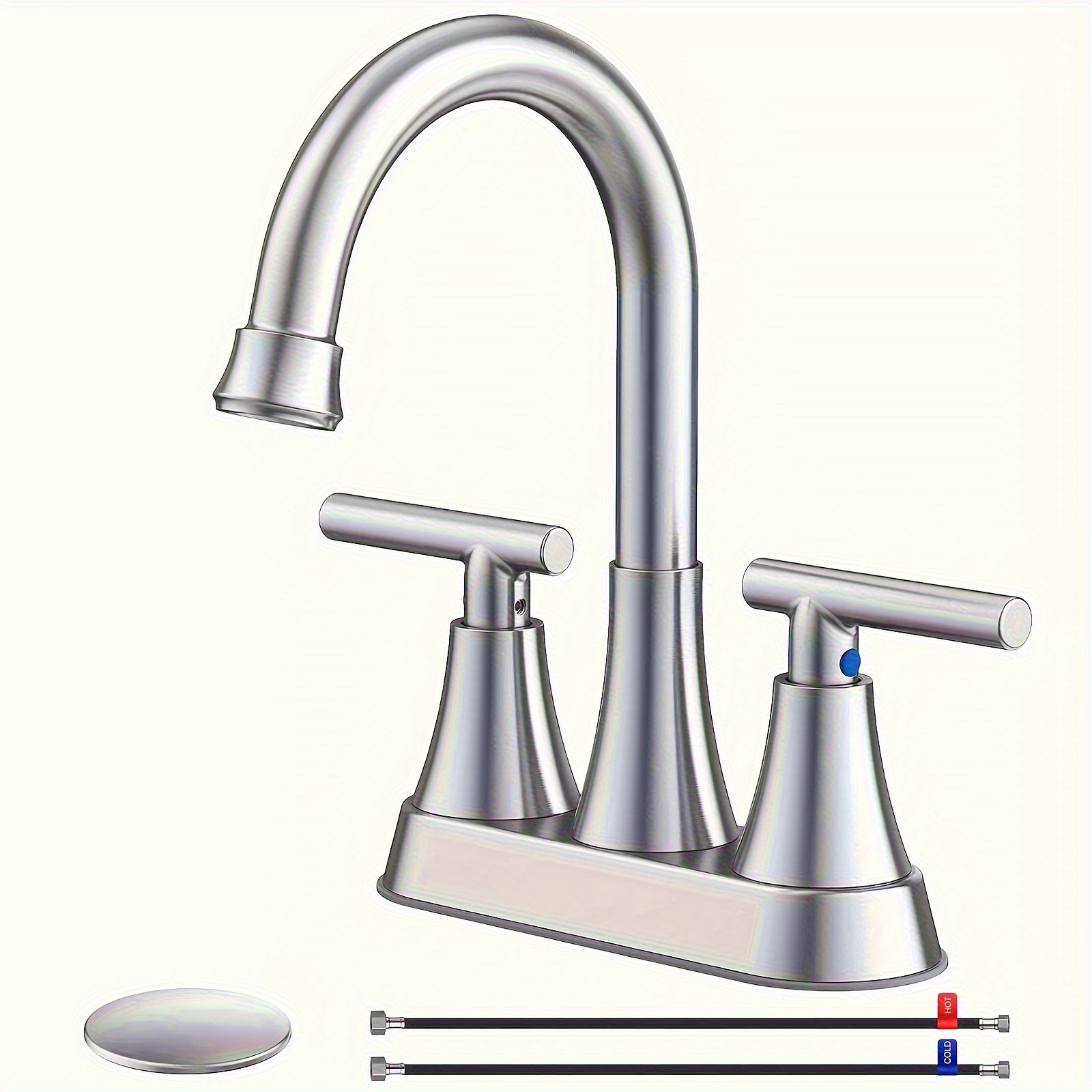 TEMU Robinet de salle de bain, Robinet de lavabo central à deux poignées en nickel brossé, Robinet d'évier de salle de bain à 3 trous avec drain