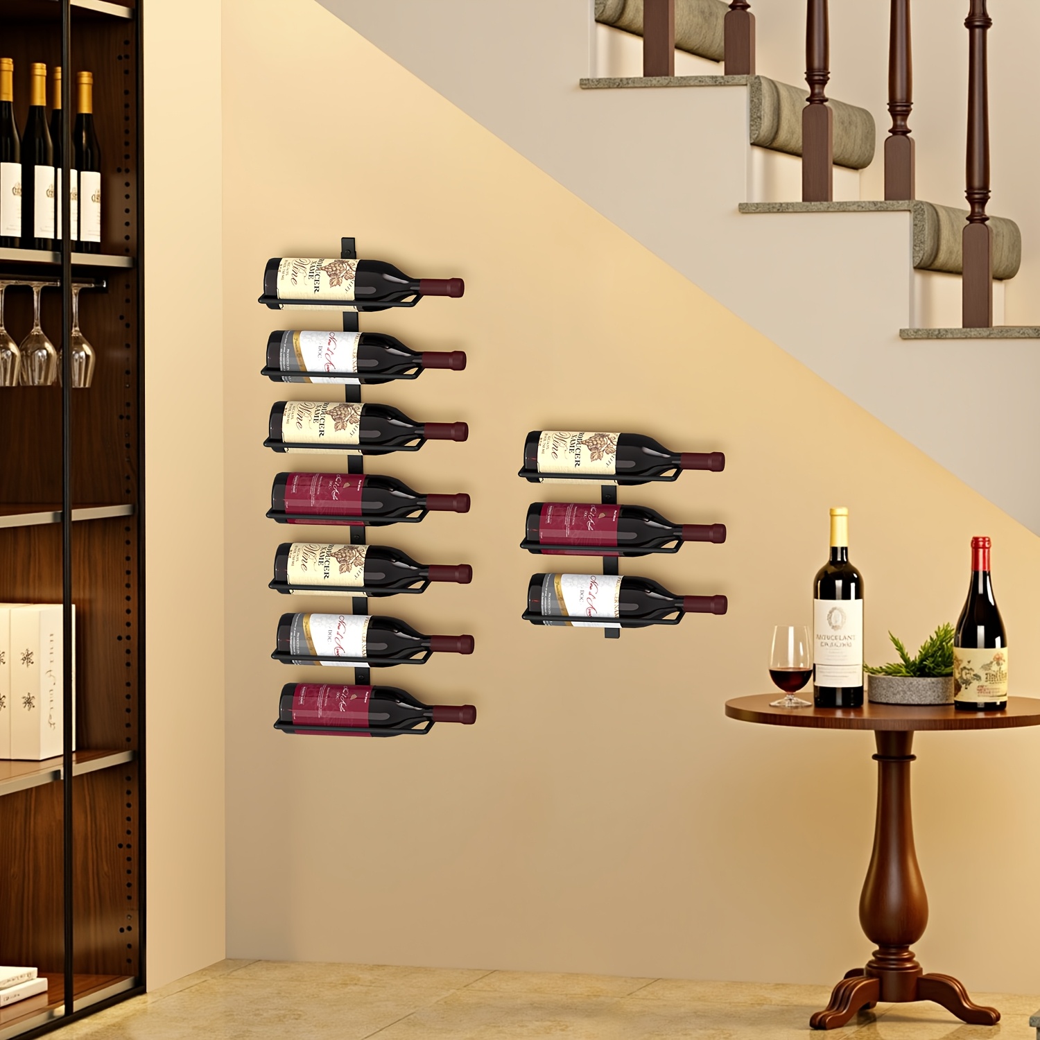 Image of Wrought Iron Wall-mounted Wine Rack | 10-bottle Three-tier Combination Design 3+4+3 | Closed-end Structure | Space- Wine Storage Rack | 22×8×98cm, Utility Racks