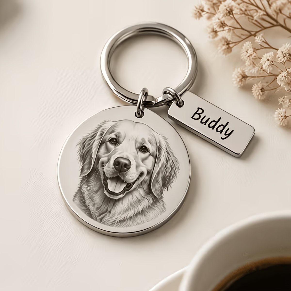 TEMU [customization] 1pc Personalized Custom Keychain, Customizable Pet Photo And Name Stainless Steel Round Plate Key Chain, Stainless Steel Custom