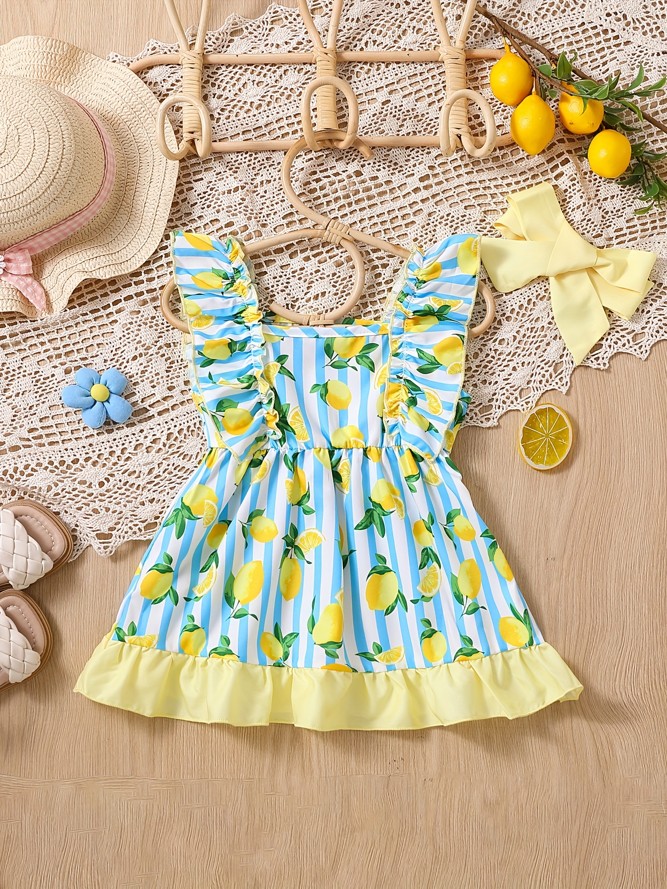's Lemon Print Dress with Lemon Leaf Pattern Short Sleeve A-Line  Summer Dress Trim Lemon Bow Accent Lightweight Lemon for Birth