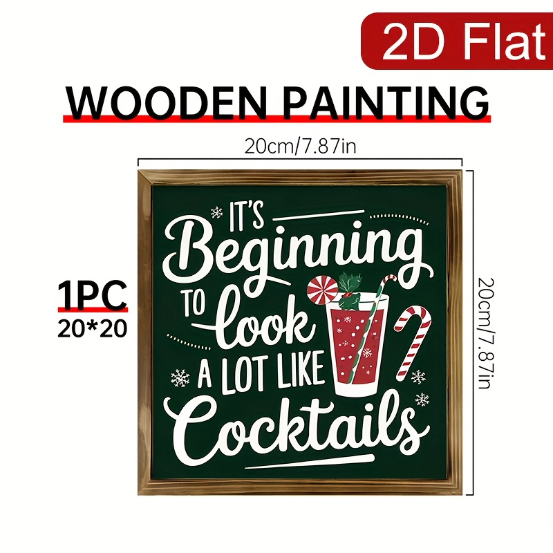 TEMU 2d Flat, 1pc Wooden Sign 8x8 Inch - Cocktails Farmhouse Christmas Wall Art, Decor & Gift For , 2d Flat