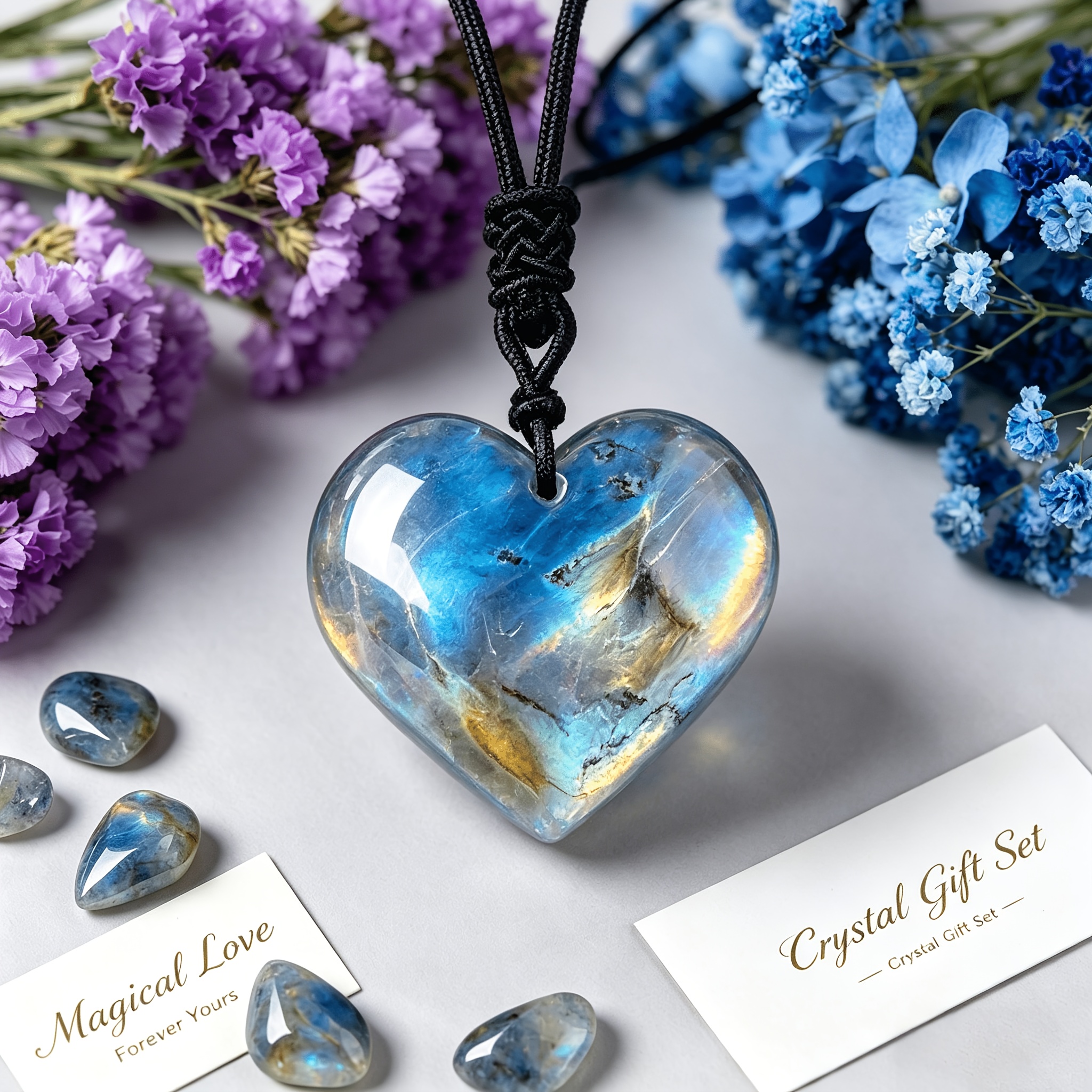 Natural Labradorite Heart Pendant & Chip Bracelet Set, Luxury Gift