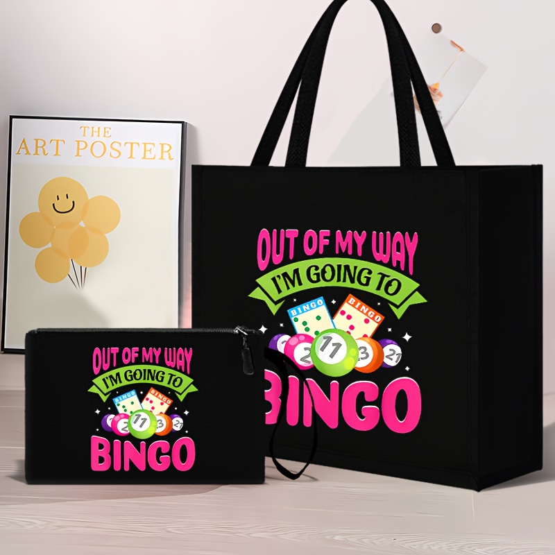 

2pcs Set, Bingo Themed Linen Tote Bag With Matching Cosmetics Pouch, Fashionable Shoulder Strap, No-closure, Positioning Print, Lining, For Office & Student Tutoring