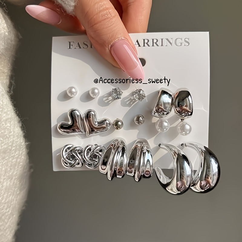 E-shop 18-teiliges Set, eleganter Freizeit-Alltagsstil, herzförmiges Strass-CCB-gedrehtes Ohrstecker- Creolen-Set für Damen, geeignet für Urlaub,