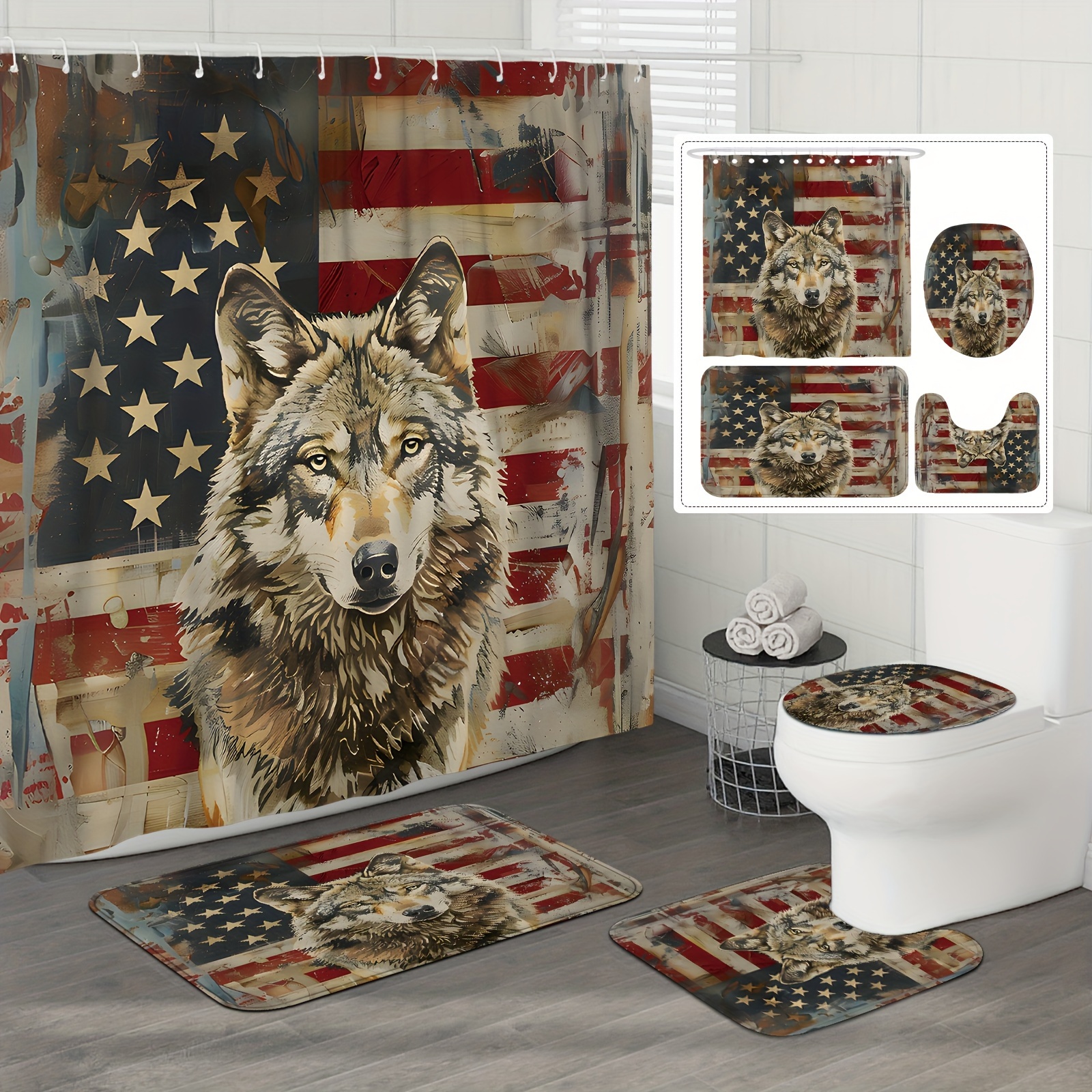 

1pc/4pcs 4th Of July Patriotic Day Independence Day Shower Curtain Sets, Retro Red Mat U-shape Toilet Mat Lid Cover, Waterproof Polyester 71*71inchwith 12 Hooks Shower Curtain Washable Bathroom Decor