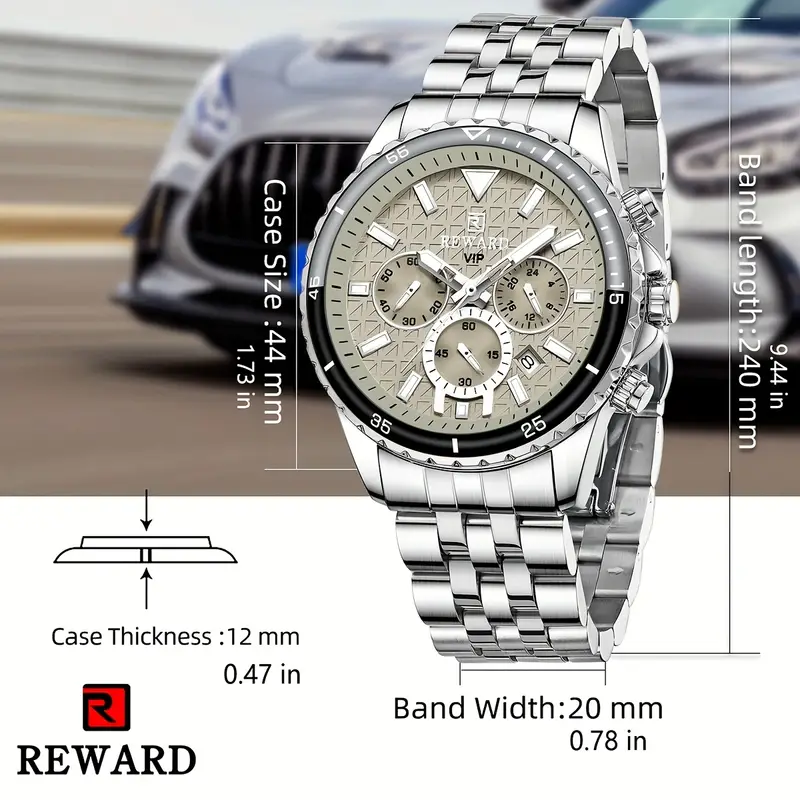 new reward business silvery gray quartz watch men timing calendar luminous hands multi functional wristwatch high quality gift for male stainless steel watch band reward 6