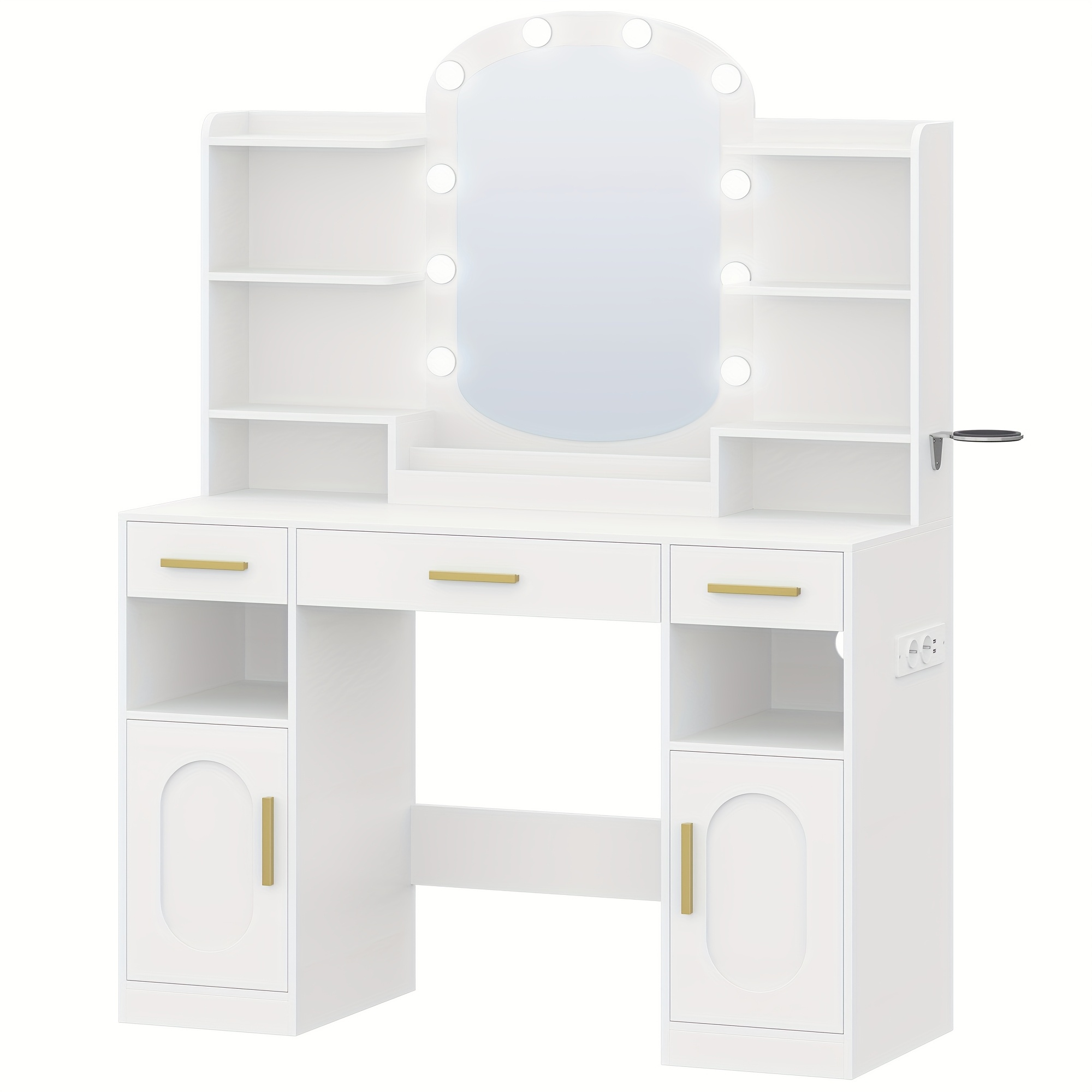 Dressing Table With Oval Mirror, Dressing Table, Hairdryer Holder, Dressing Table With 3 Drawers, 2 Storage Cabinets And Open Compartments White
