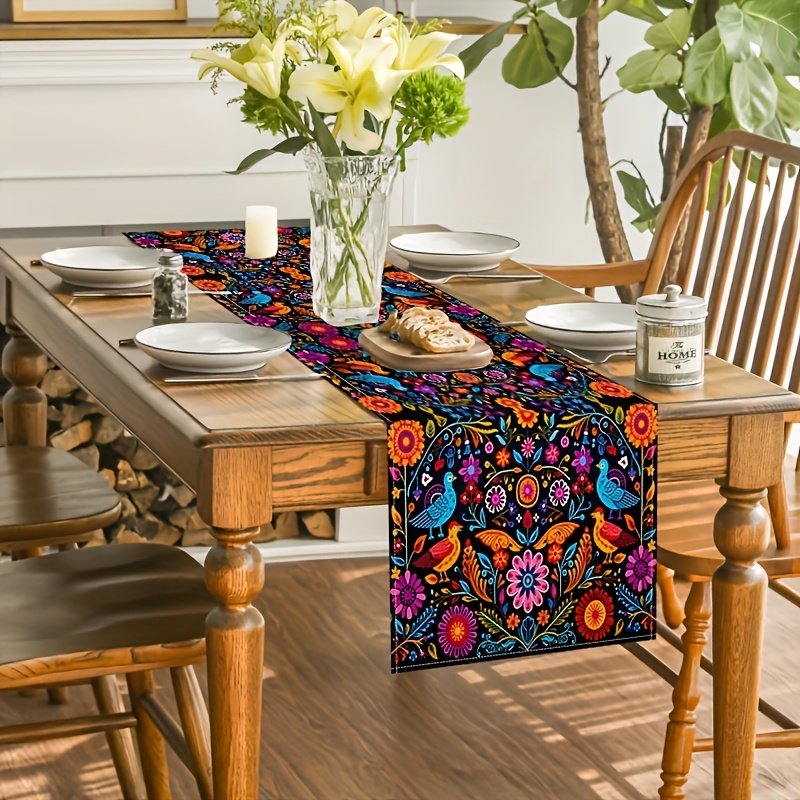 

Mexican Style Floral & Birds Table Runner, Polyester, Rectangular, Woven, Perfect For Indoor & Outdoor Dining Decor, Ideal For Holiday Parties & Home Celebrations