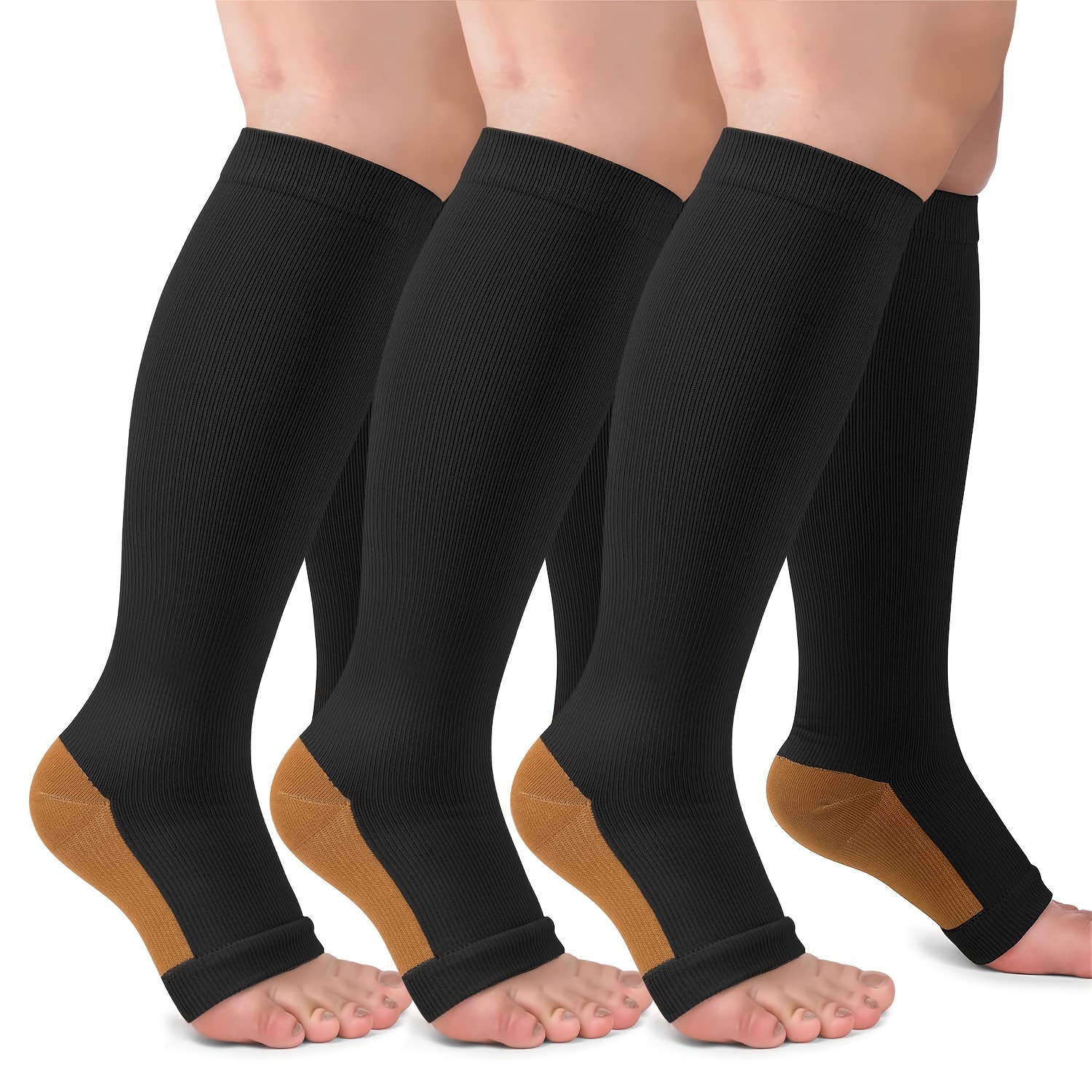 

3 Pairs Open Toe Socks, Knee-high Stockings For , Support, Breathable For Running, Cycling, Travel & Hiking