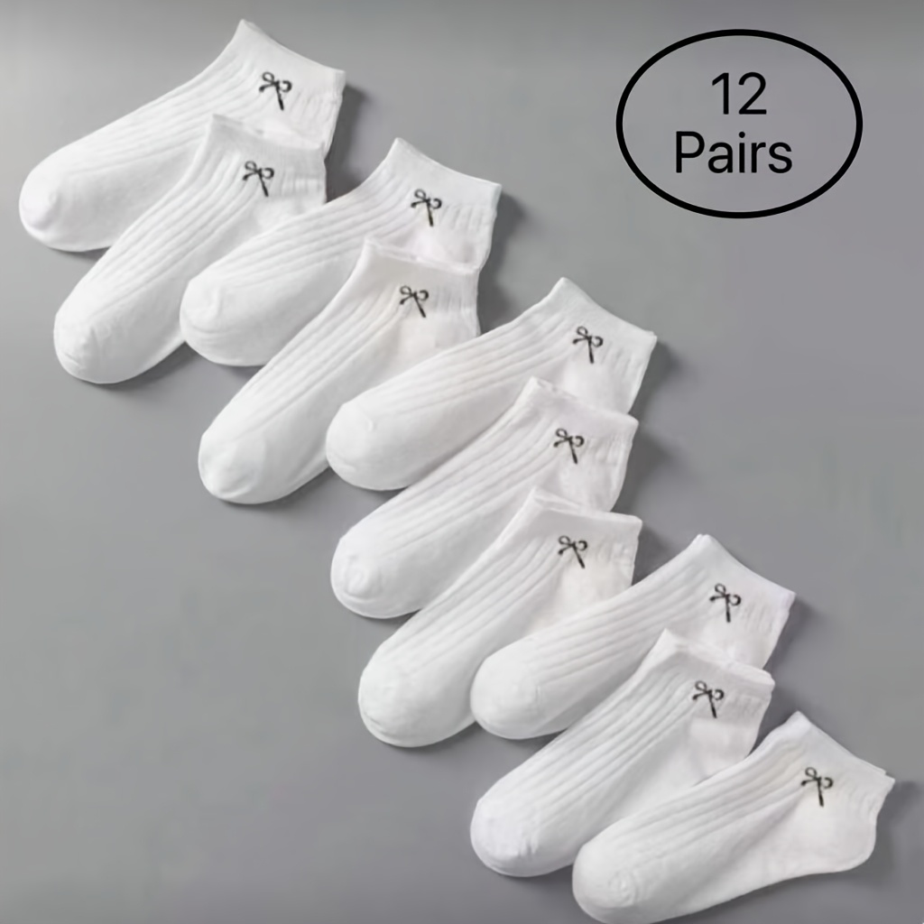 Image of 12 Pairs Of Spring And Summer White Drawstring Bow, Simple Sports And Leisure Running, Comfortable Women's Short Socks For