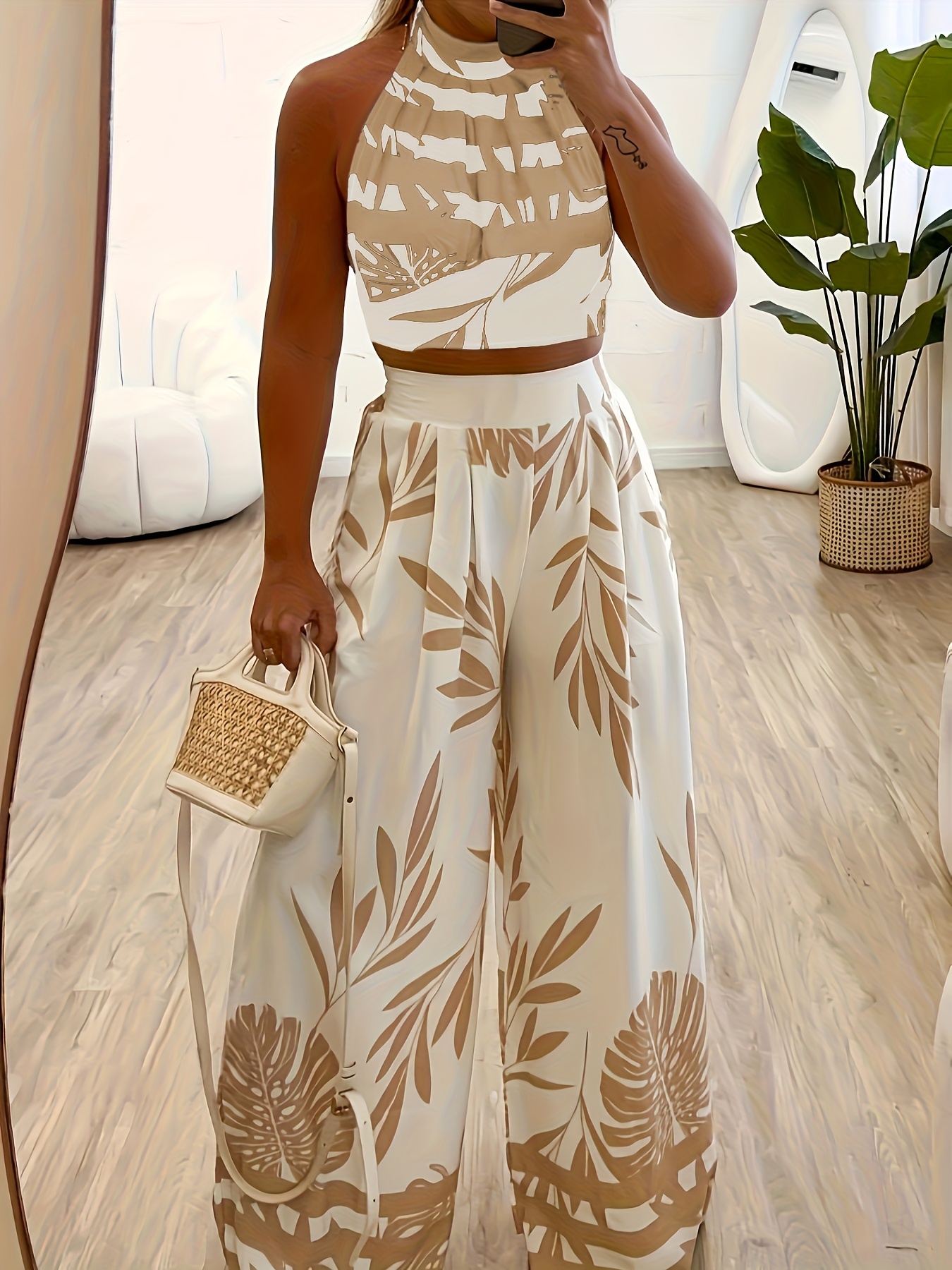 ln1146 new summer printed   halter neck sleeveless bra and long pants 2pcs set for women