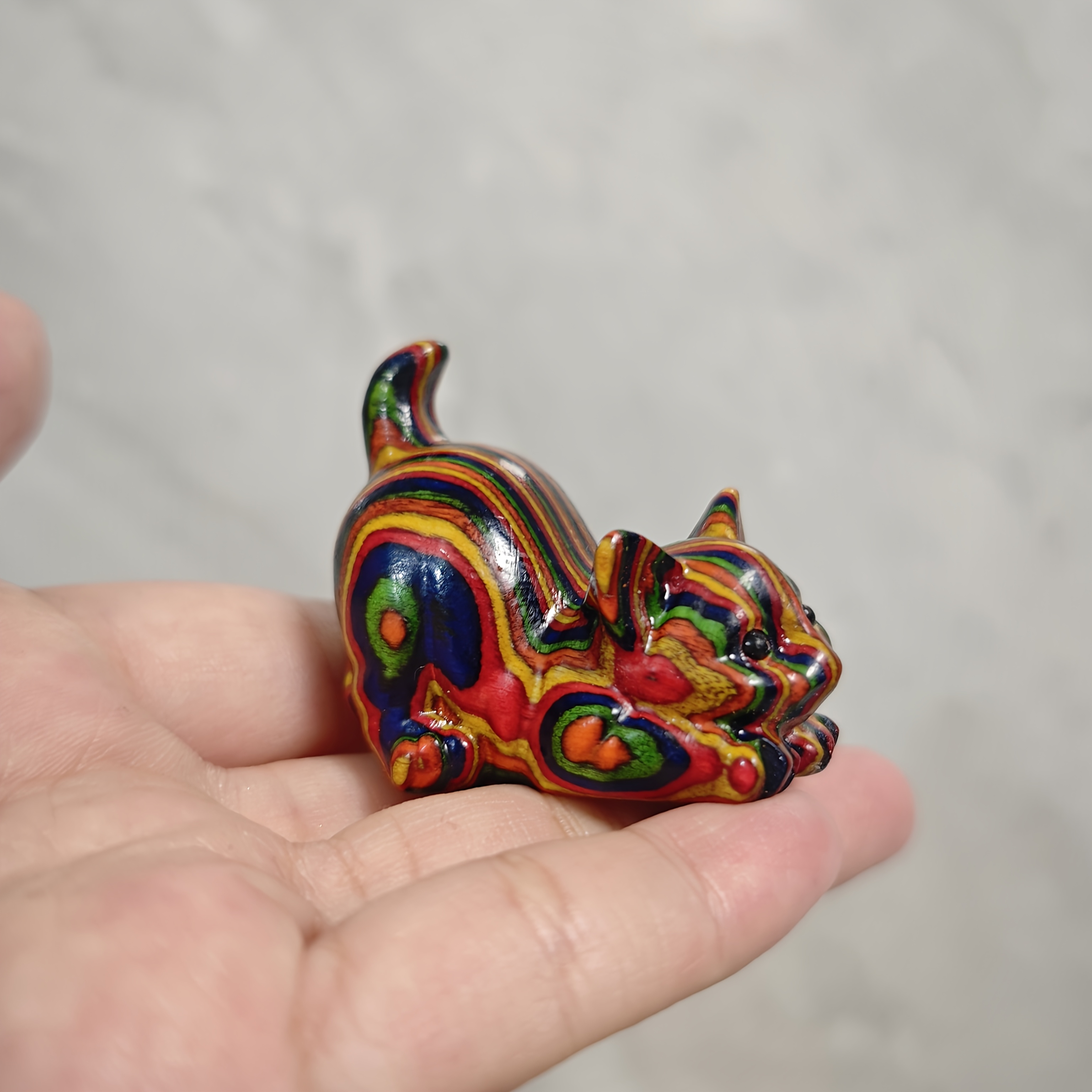 Image of Handmade Wooden Cat Sculpture - Multi-colored Swirl Texture, Exquisite Mini Animal Sculpture With Ears, Decor Gift For Cat Lovers