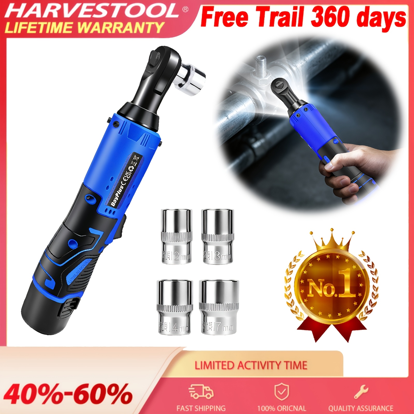 TEMU Harvestool - 12v Mini Electric Cordless Ratchet Wrench, 3/8" Electric Ratchet Wrench Kit 300n.m, Impact Drive Ratchet Rattle Nut Gun With
