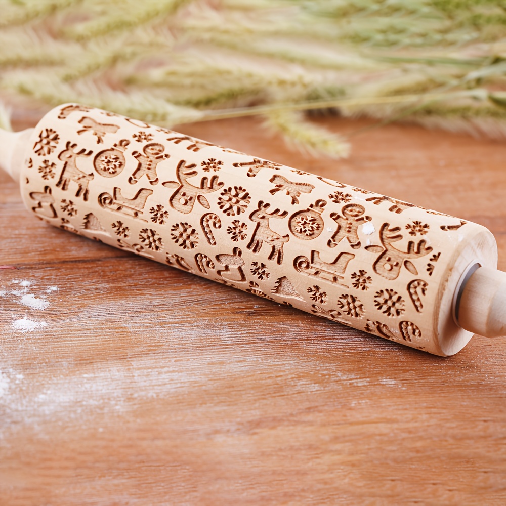 TEMU 1pc Christmas Embossing Rolling Pin With Snowflake, Reindeer, Sleigh, Snowman, Christmas Stocking, Candy Cane, And Bell Patterns, Suitable For