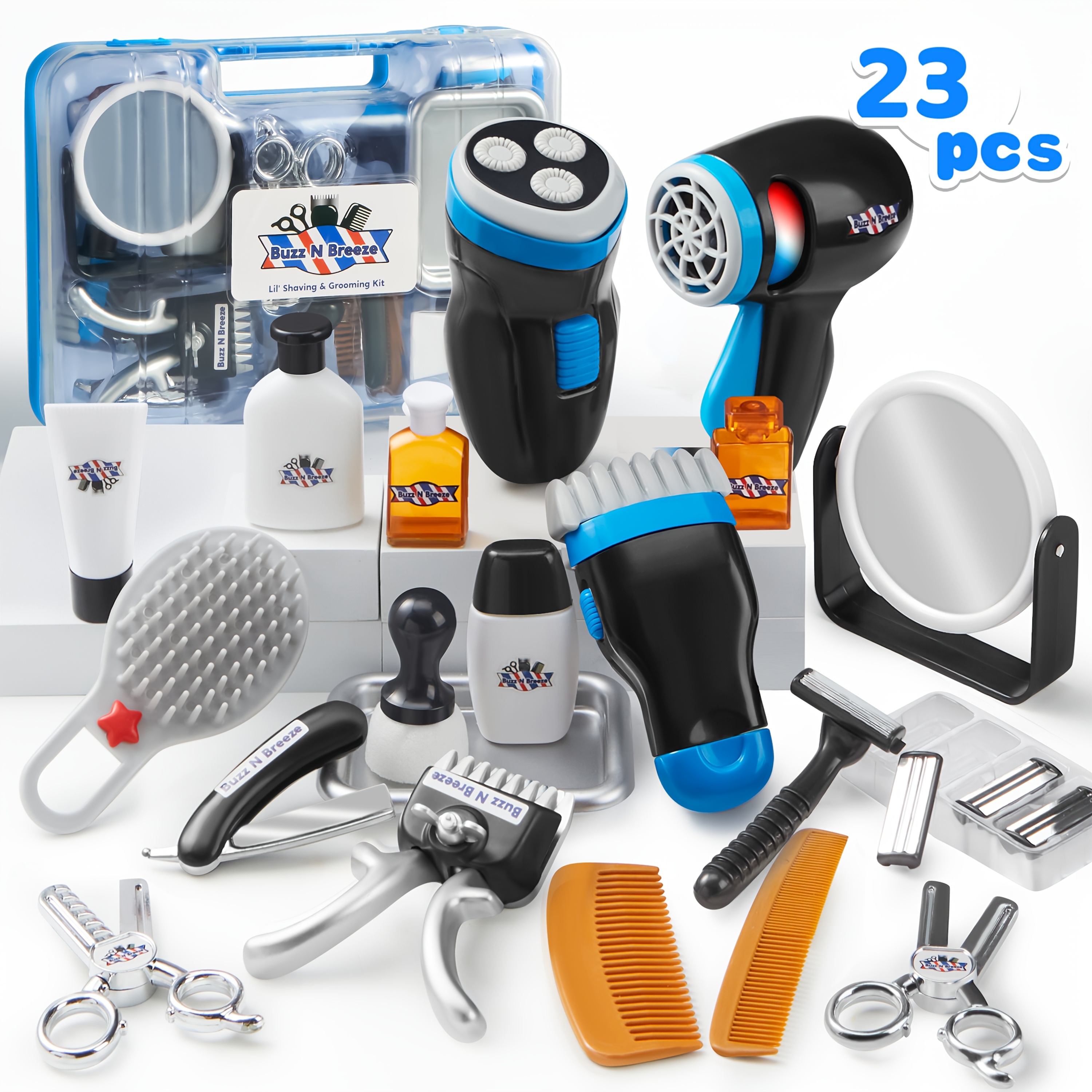 TEMU Professional Barbershop Pretend Play Kit For Kids Ages 3+ | 23pcs Role Play Toys With Realistic Tools And Storage Box | Educational Toys For