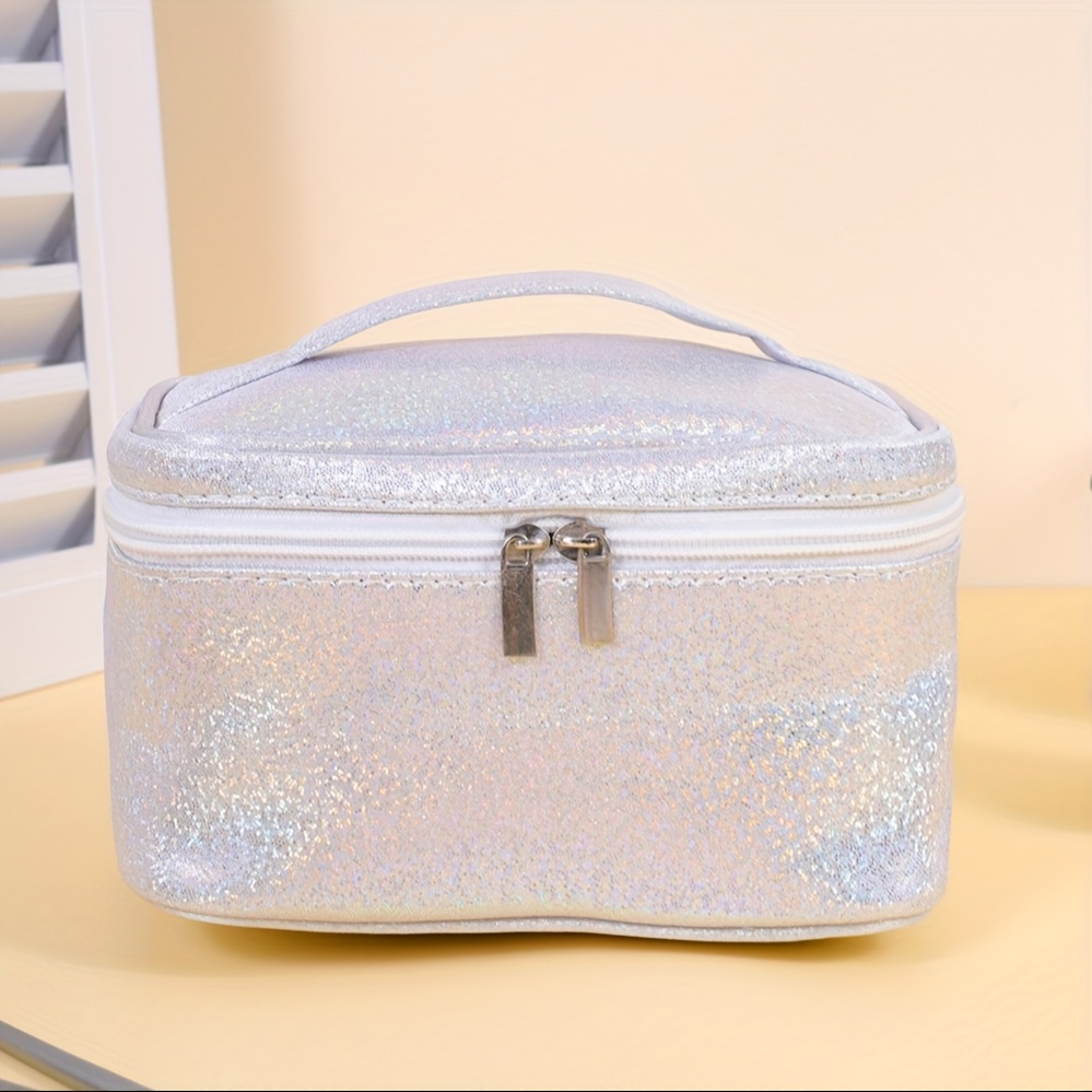 Image of New Glitter Square Makeup Bag, Large-capacity Portable Cosmetic Pouch, Macaron-colored Makeup Organizer, Toiletry Storage Bag For Makeup Brushes, Lipsticks, And Foundation