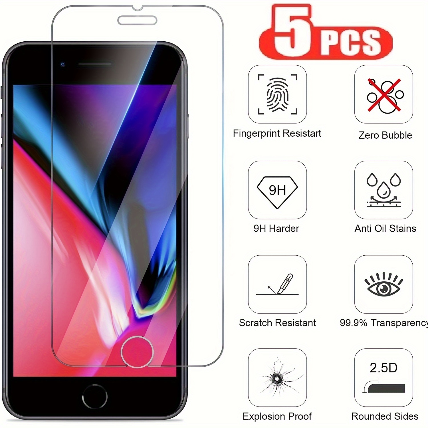 

5-piece Premium Tempered Glass Screen Protectors For Iphone 6/6s/7/8 Plus & Se (2020/2022) - Scratch Resistant, Ultra Clear