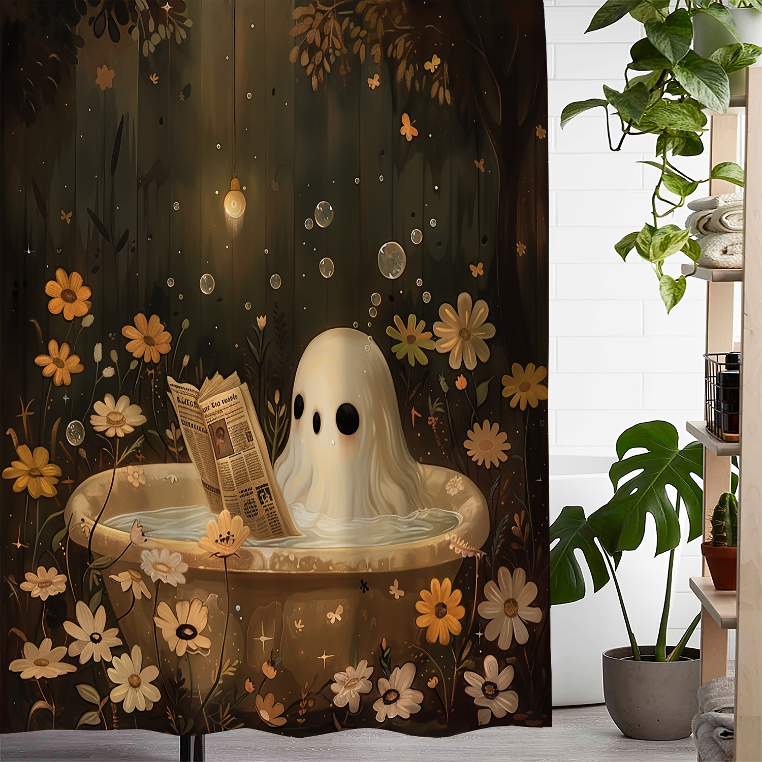 

1 Ghost Reading Newspaper Shower Curtains Halloween Printed Waterproof Bath Curtain, Curtain For Windows With 12 Hooks