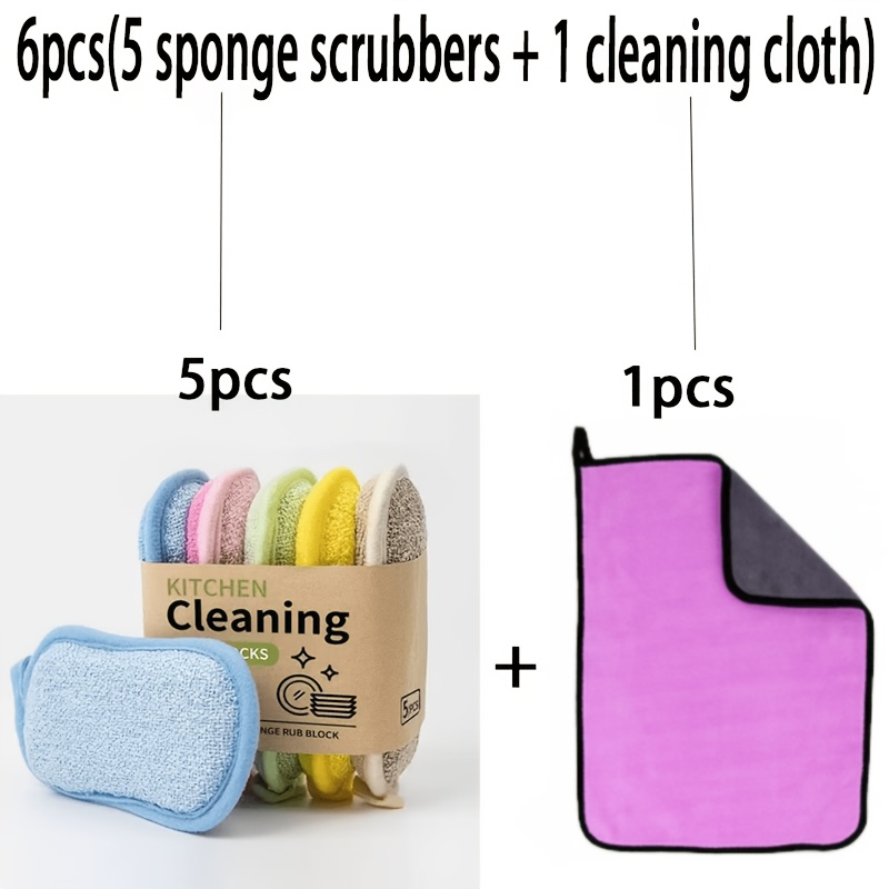 TEMU 6pcs Set: 5 Sponge Scrubbers + 1 Cleaning Cloth. 5pcs Sponge Scrub Brush Set – Reusable And Washable Kitchen And Bathroom Cleaning Brushes,