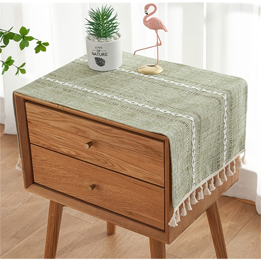 TEMU 1 de de mesa rectangular azul estilo bohemio, con borlas y de rayas, 100% poliéster tejido, para tocador, mesita de noche, gabinete, decoración