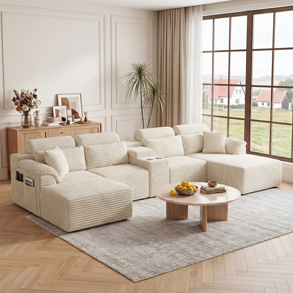 Image of Modern Large U-shaped Corduroy Sofa, Multi-functional Memory Foam Boneless Sofa Bed, With Side Storage Bag And Holder Practical Design, Suitable For Apartment Types Of Home Furniture