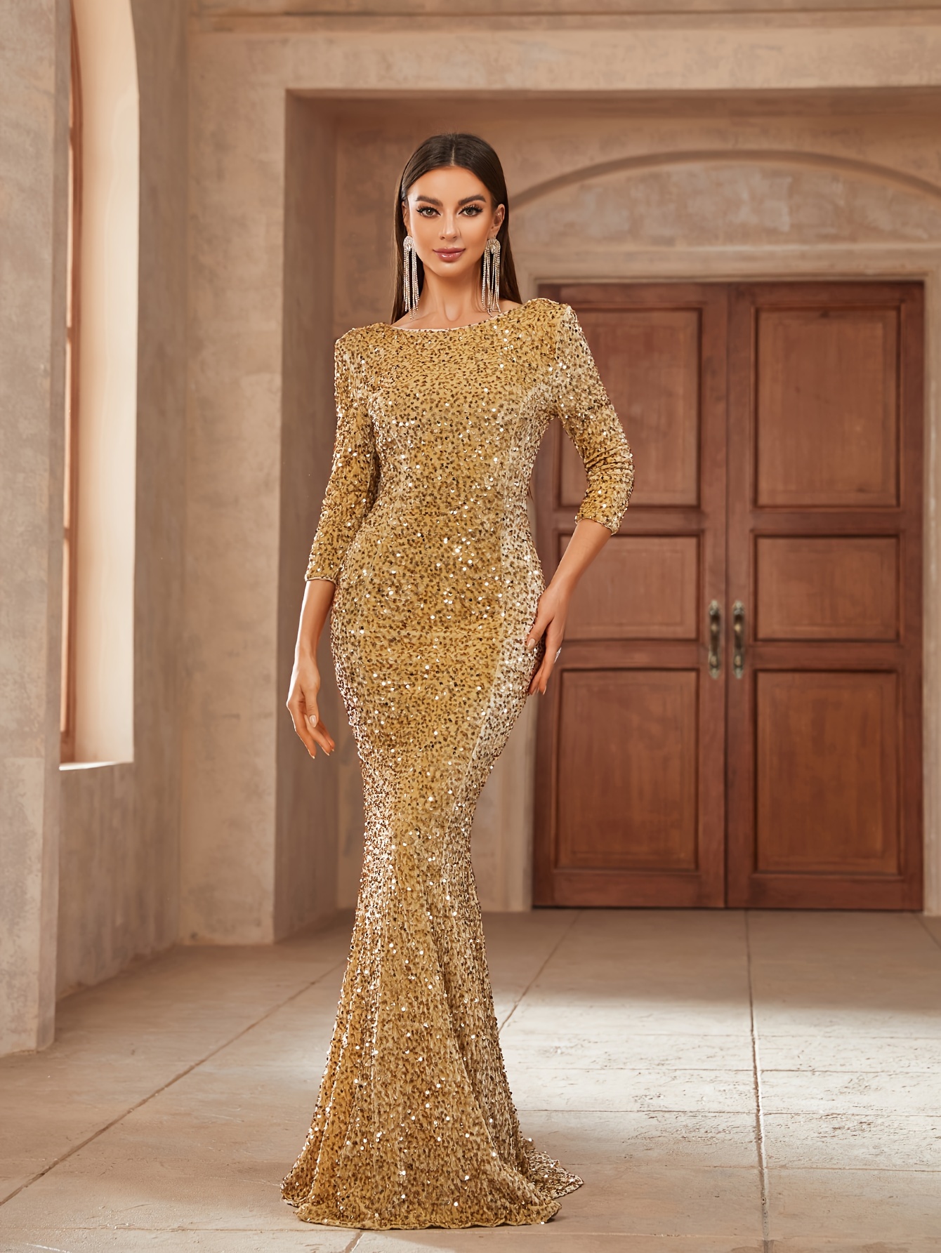 golden dress long sleeve party Sydney's Closet Women's Strapless Metallic Sweetheart Neckline Gown main image 1