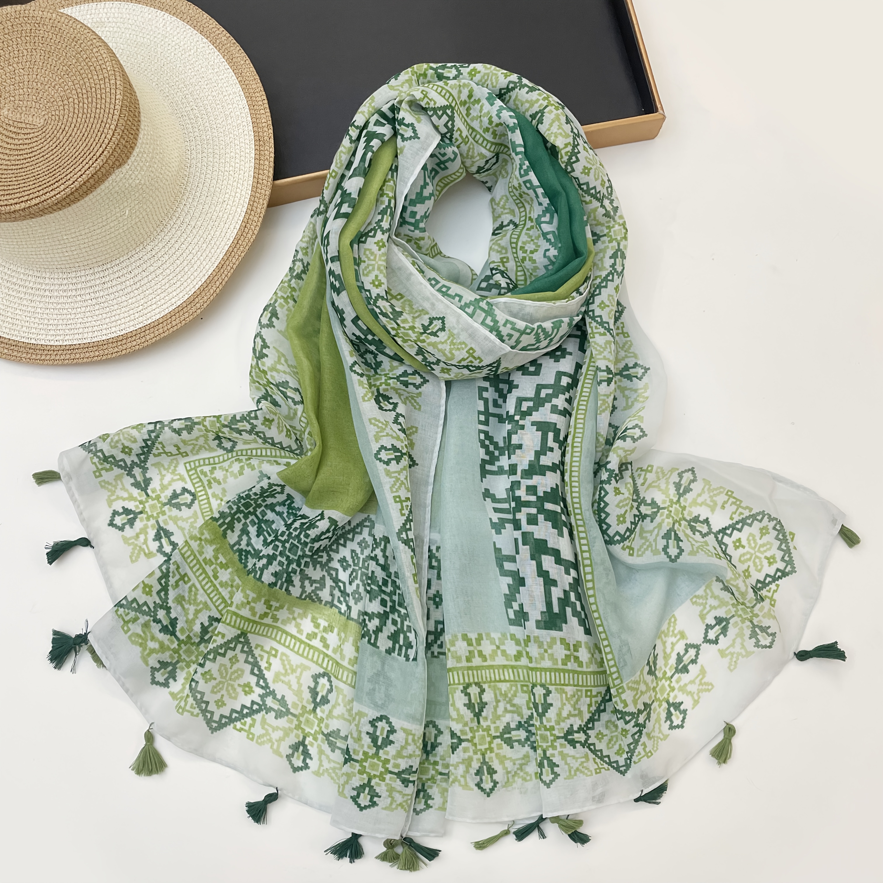 TEMU Women's Long Scarf, Neck Warmer, Shawl, Headscarf, Or Decorative Scarf, Designed In Forest- With Green- Color Blocks And Geometric Totem Prints,