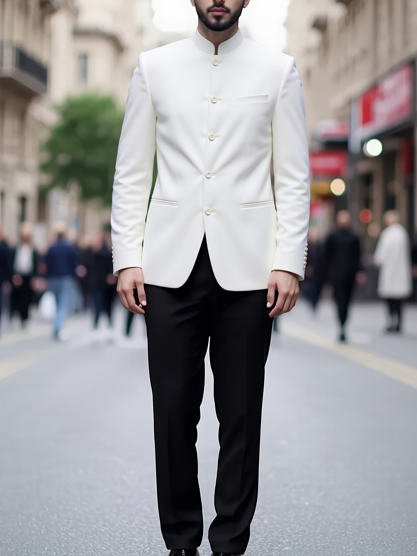 plus size mens elegant stand collar button up long sleeve jacket solid color non stretch fabric suitable for   fashion suit jackets casual to formal wear stand collar jacket button up jacket