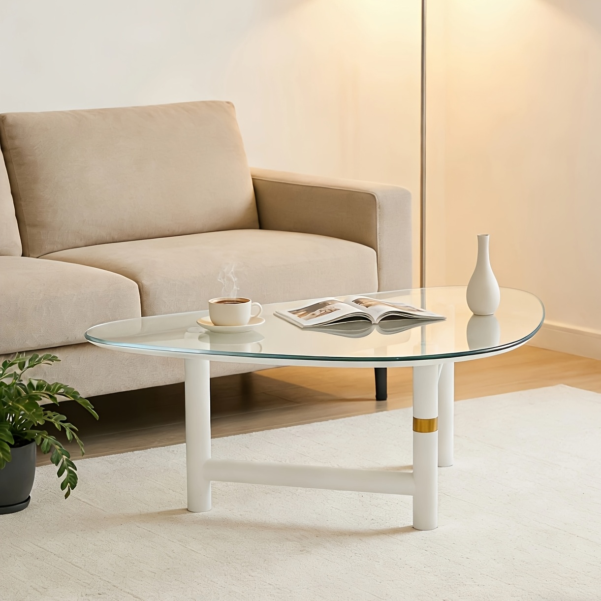 Triangular Glass Coffee Table Living Room Coffee Table Oval Tempered Frame Golden Embellishment Suitable For Living Room/ Study/ Balcony