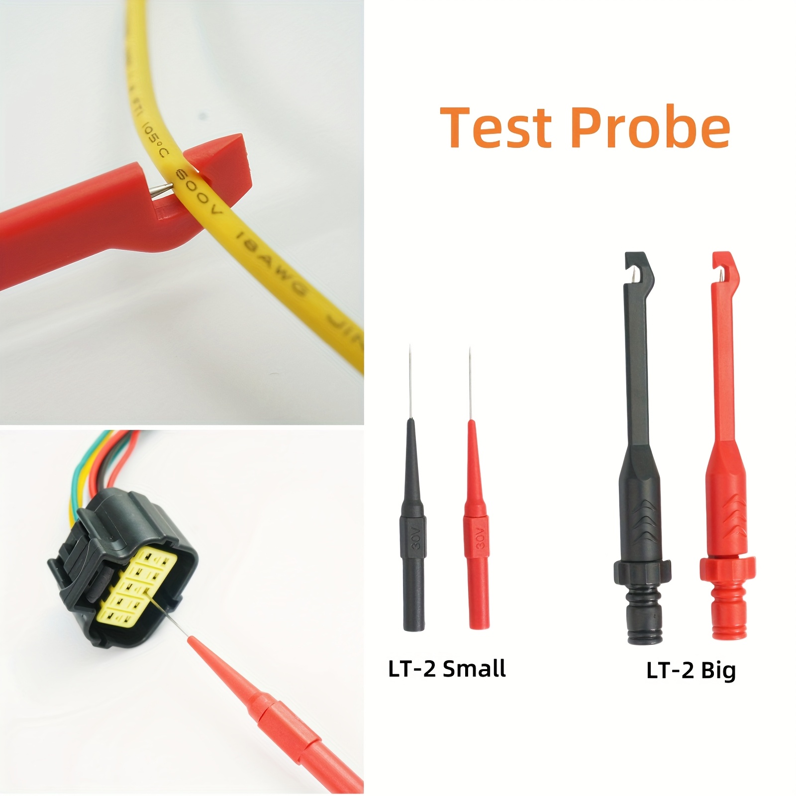 

2pcs 30v And 2pcs /10a Diagnostic Tools Multimeter Test Lead Extension Cord Back Piercing Needle Tip Probe Automotive Tool Accessories. Safe & Non-destructive Wire Piercing Probe