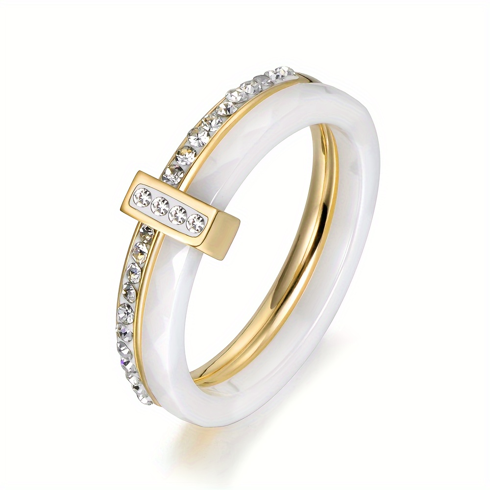 

Luxurious Stainless Steel Ring Featuring Sparkling Rhinestones In A White Ceramic Setting - Ideal For Engagement Or Anniversary Gift, Sizes 6-9