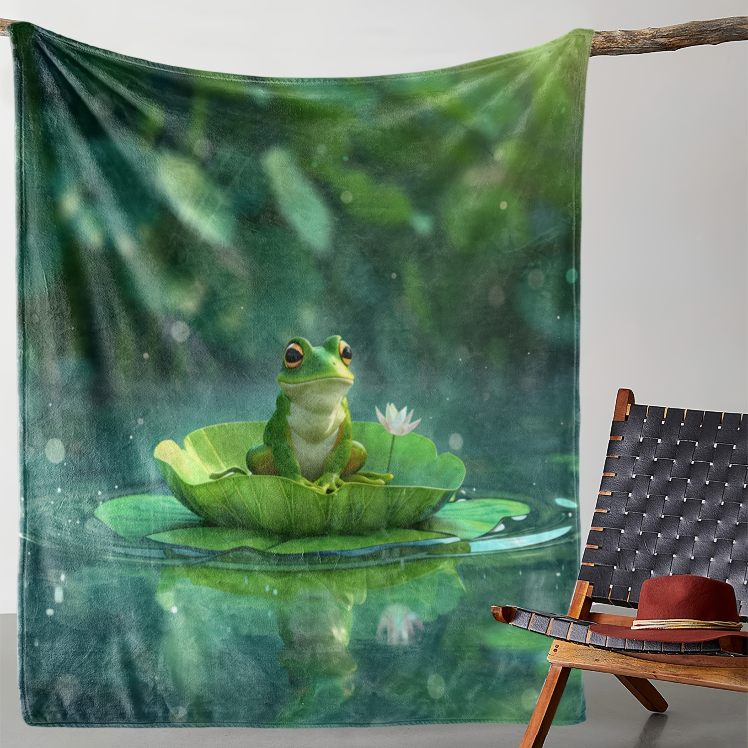 

Cozy Flannel Throw Blanket With For Lotus Leaf & Frog Design - Soft, Warm, And Versatile For Couch, Bed, Car, Office, Camping, And Travel - Perfect All-season Gift
