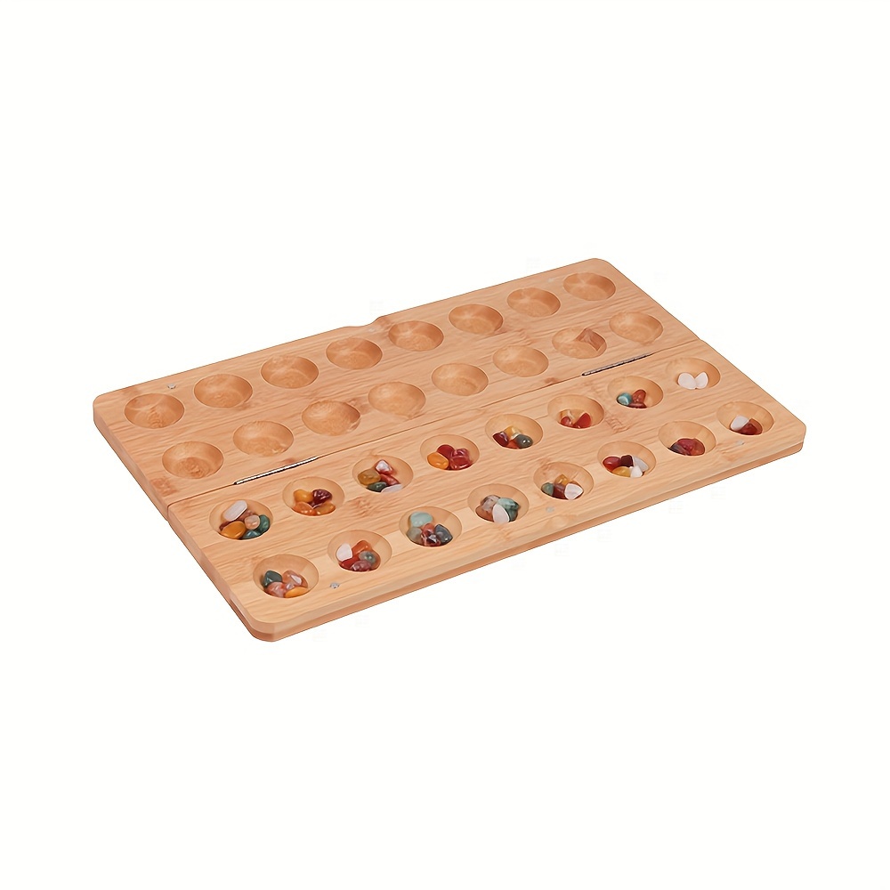 Folding Wooden Board Game Set - Portable Game With Multi-colored Glass Stones, Synthetic Gemstonestone Chess Pieces, And Wooden Puzzle Toy - And Play