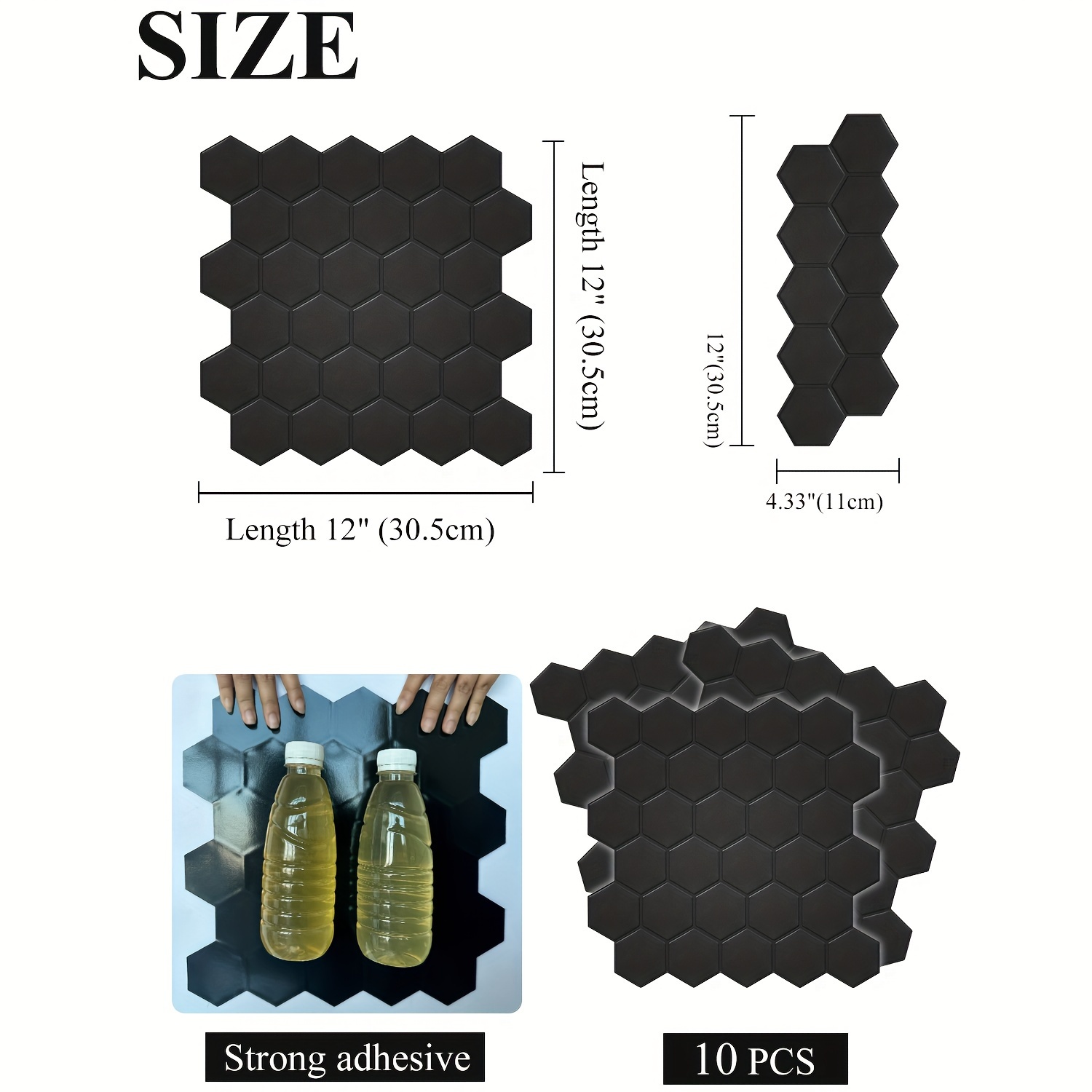 2.0mm Thick 12 X 12 Inch Black Hexagon Matte Surface Effect Self-adhesive Wall Sticker For Home Decoration Wall Sticker