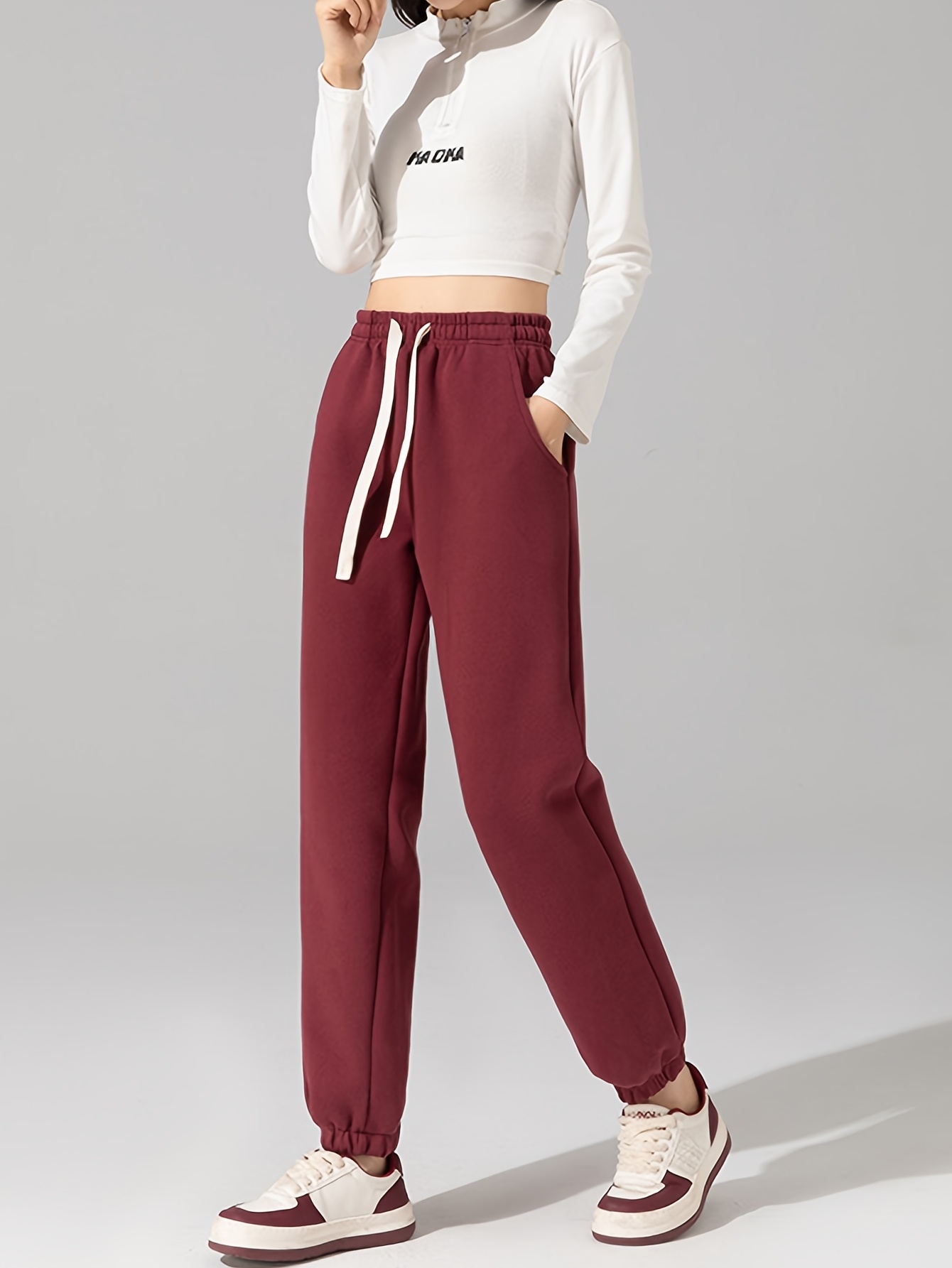 women's maroon jogger pants elastic drawstring waist Temu Oman