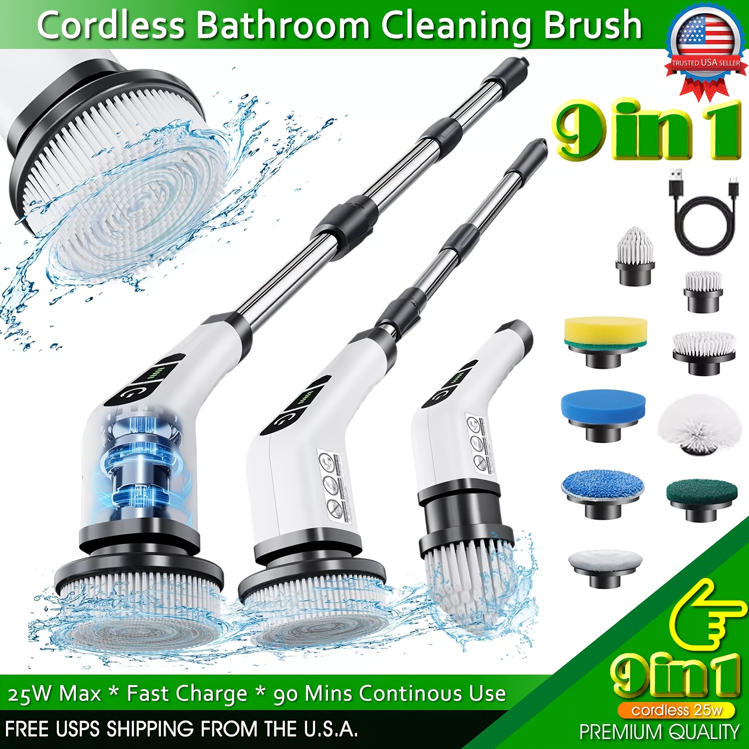 TEMU Brosse de Nettoyage Fil 2025 avec Indicateur Niveau Batterie, 9 Têtes Interchangeables, Manche Détachable et Réglable à Double Vitesse, 360°
